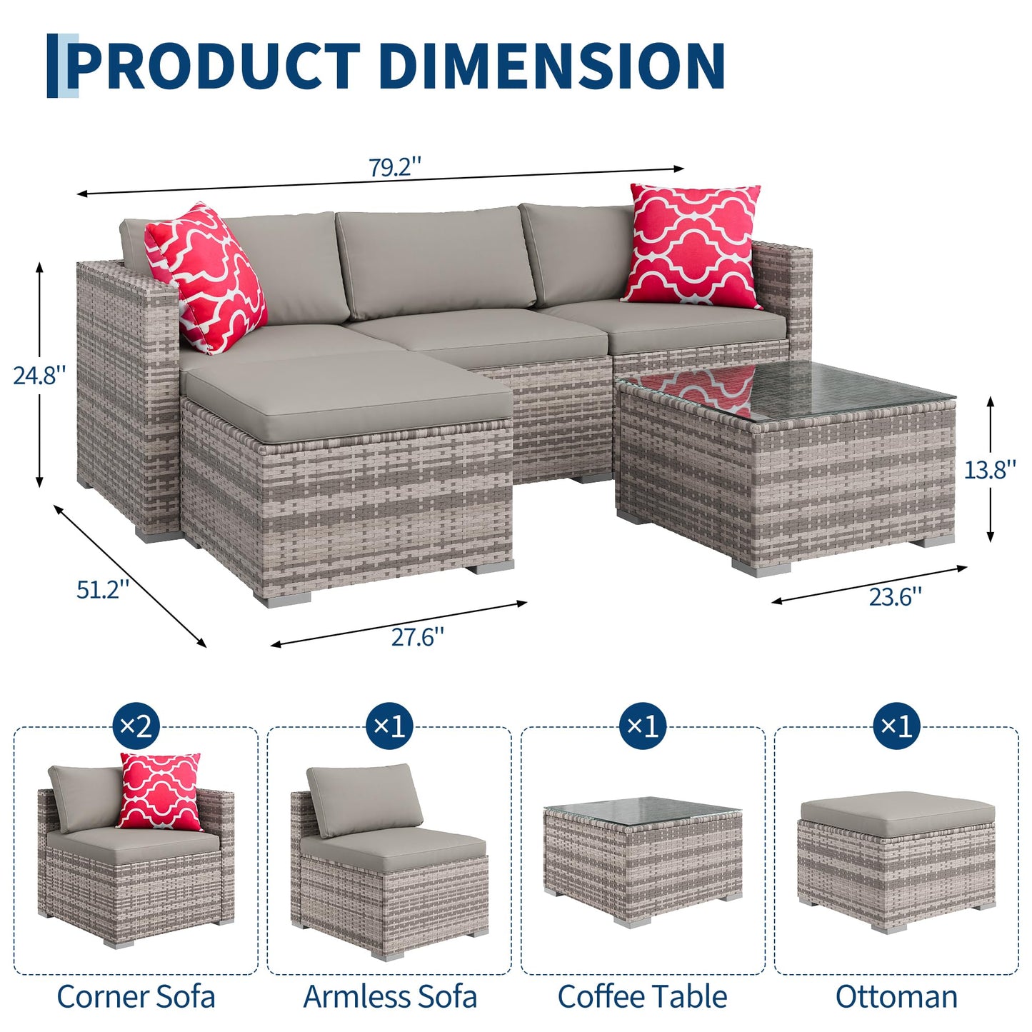 PeakPursuit Outdoor Patio Furniture Set, 5 Pieces Rattan Patio Conversation Sets with Glass Coffee Table and Cushion,All Weather Outdoor Patio Sofa for Garden, Poolside, Backyard,Light Grey