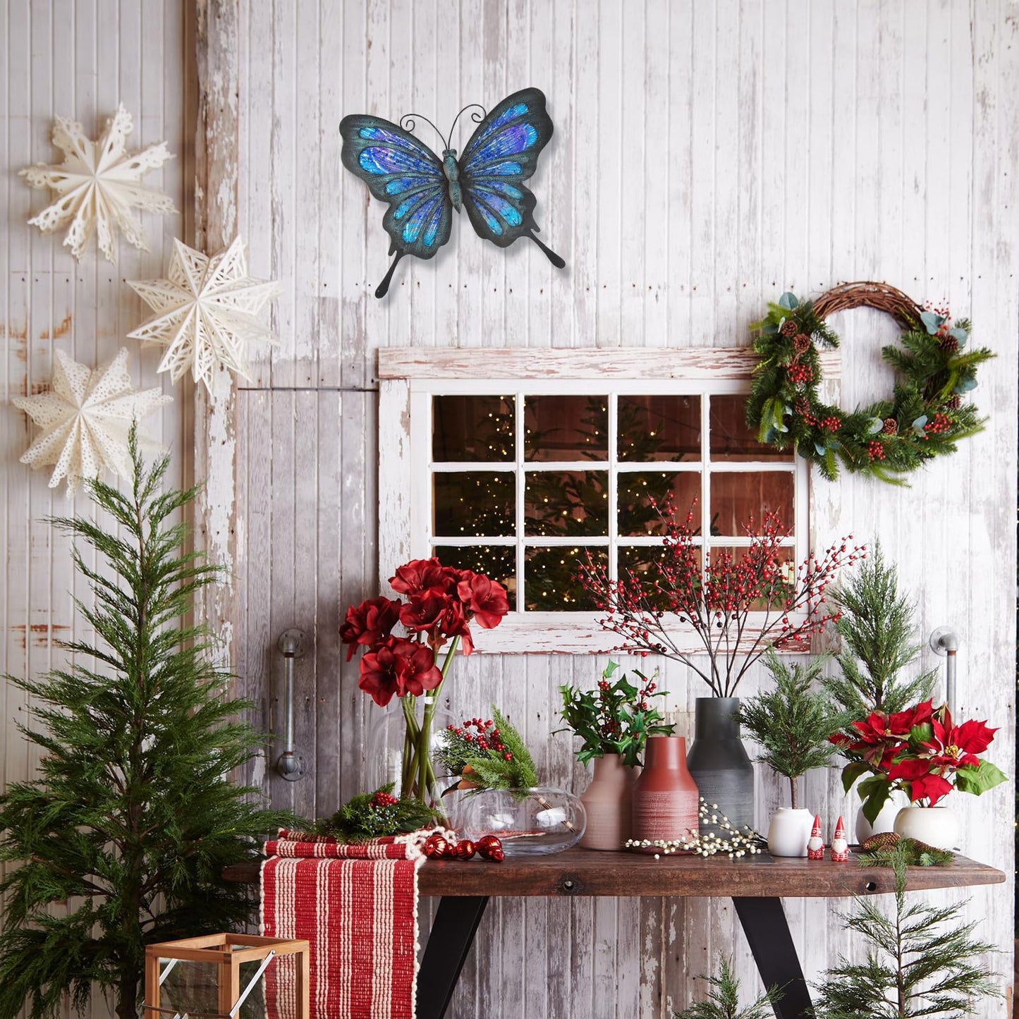 HONGLAND Metal Butterfly Wall Decor Outdoor Indoor Art Sculpture Hanging Glass Decorations Blue for Home Garden Bedroom (Blue)