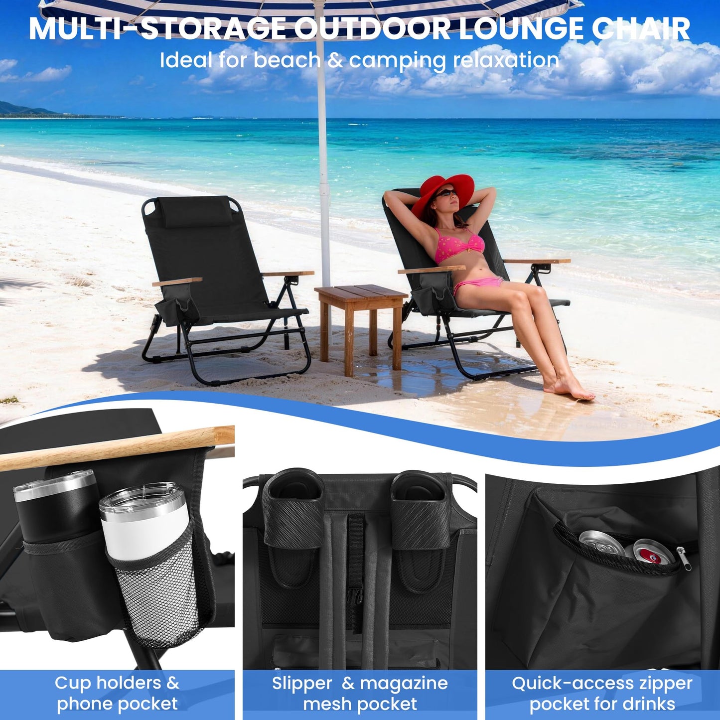 Canpsky Premium Portable Camping Chair 5-Position Recliner Beach Folding Lightweight Outdoor Chair with Wooden Armrests, Headrest, Multi-Pockets Heavy Duty 350lbs, for Patio, Backyard, Black