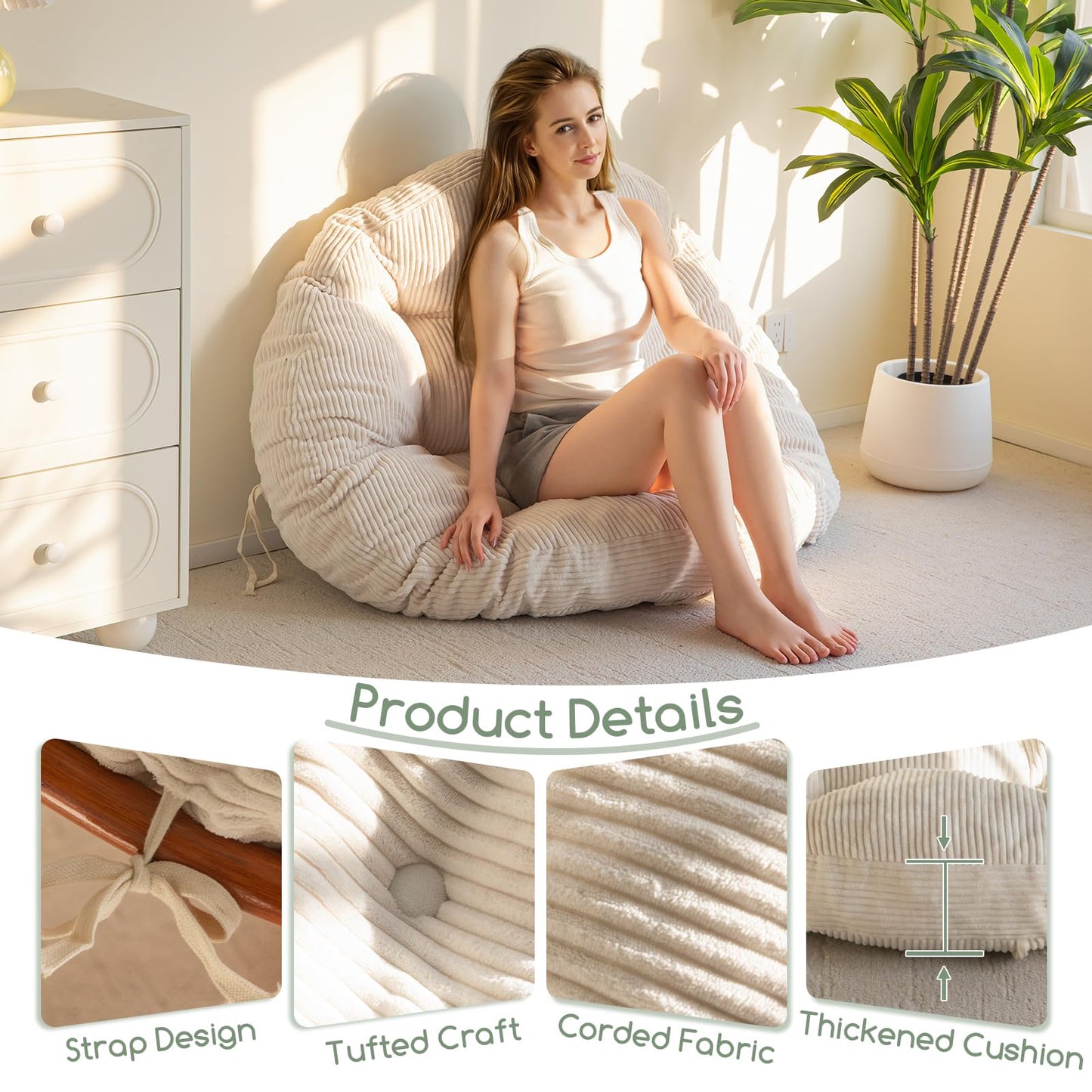 HIGOGOGO Papasan Chair Cushion with Corduroy Cover (Without Chair), 48 x 48 Inch Supportive Cushion, Overstuffed Chair Cushion,Beige