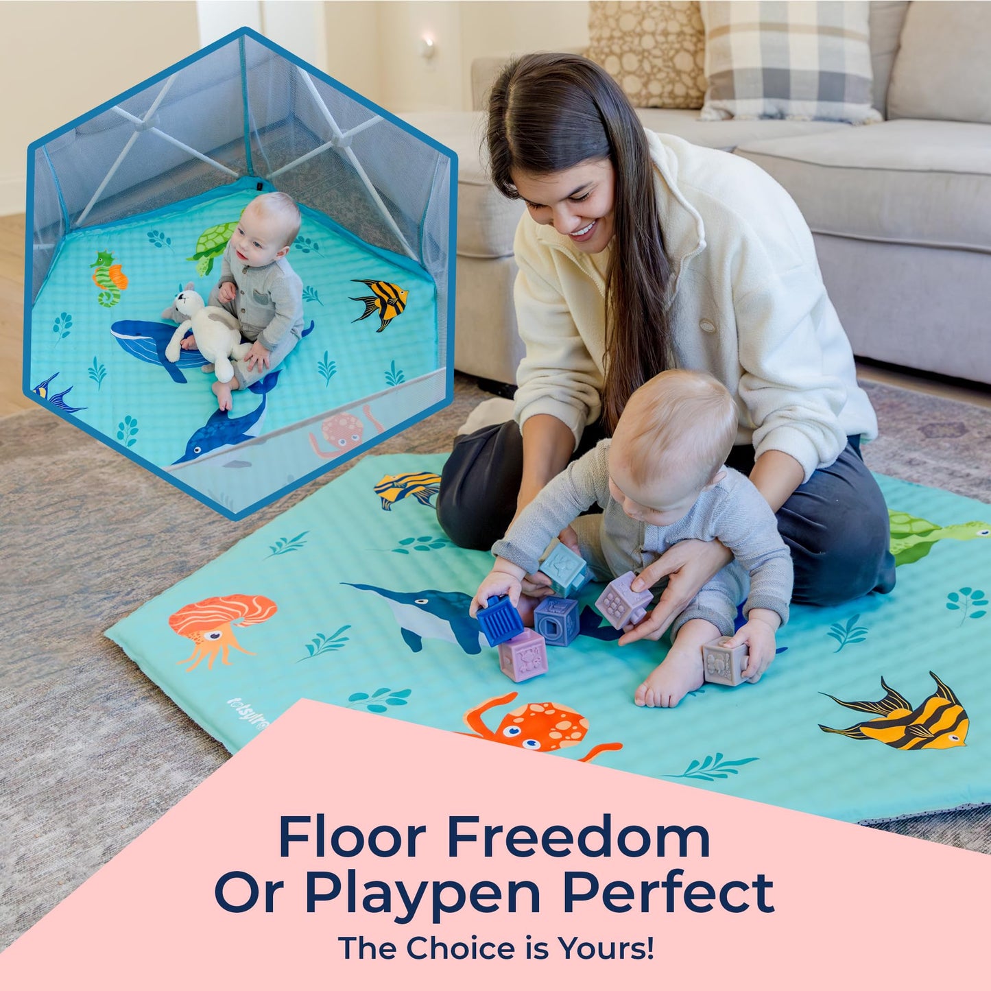 Self Inflating Hexagon Playpen Mat - 52" x 45" Non-Slip Cushioned Portable Play Area - Thick Soft Baby Play Mats for Floor - Easy Care Playmat for Infants and Toddlers - Baby Crawling Mat - Marina
