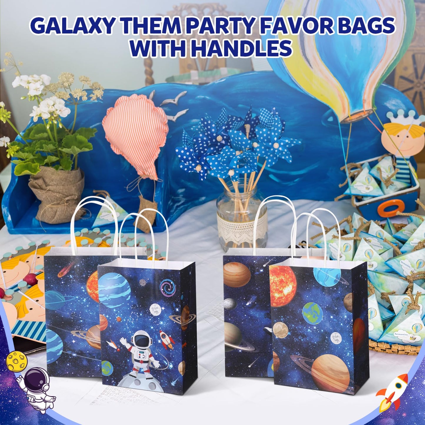 Gaillty 24 Pcs Outer Space Party Favor Bags Galaxy Goodie Gift Bags with Handles Kraft Paper Solar Treat Candy Totes for Astronaut Science Themed Birthday Party Supplies Decorations