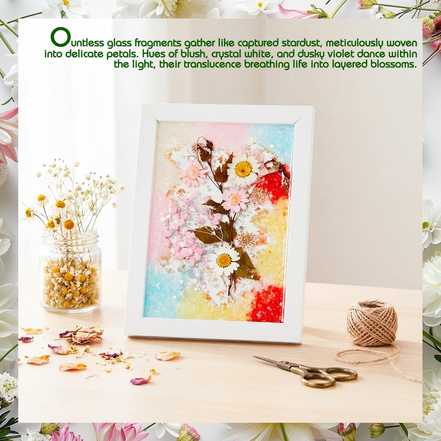 Novabright DIY Dried Flower Crushed Glass Art Kit for Adults Beginners, Sea Glass Mosaic Resin Craft Set for Home Decor, Wedding Gifts Handmade Boho Home Bedroom Office Bookshelf Table Decoration