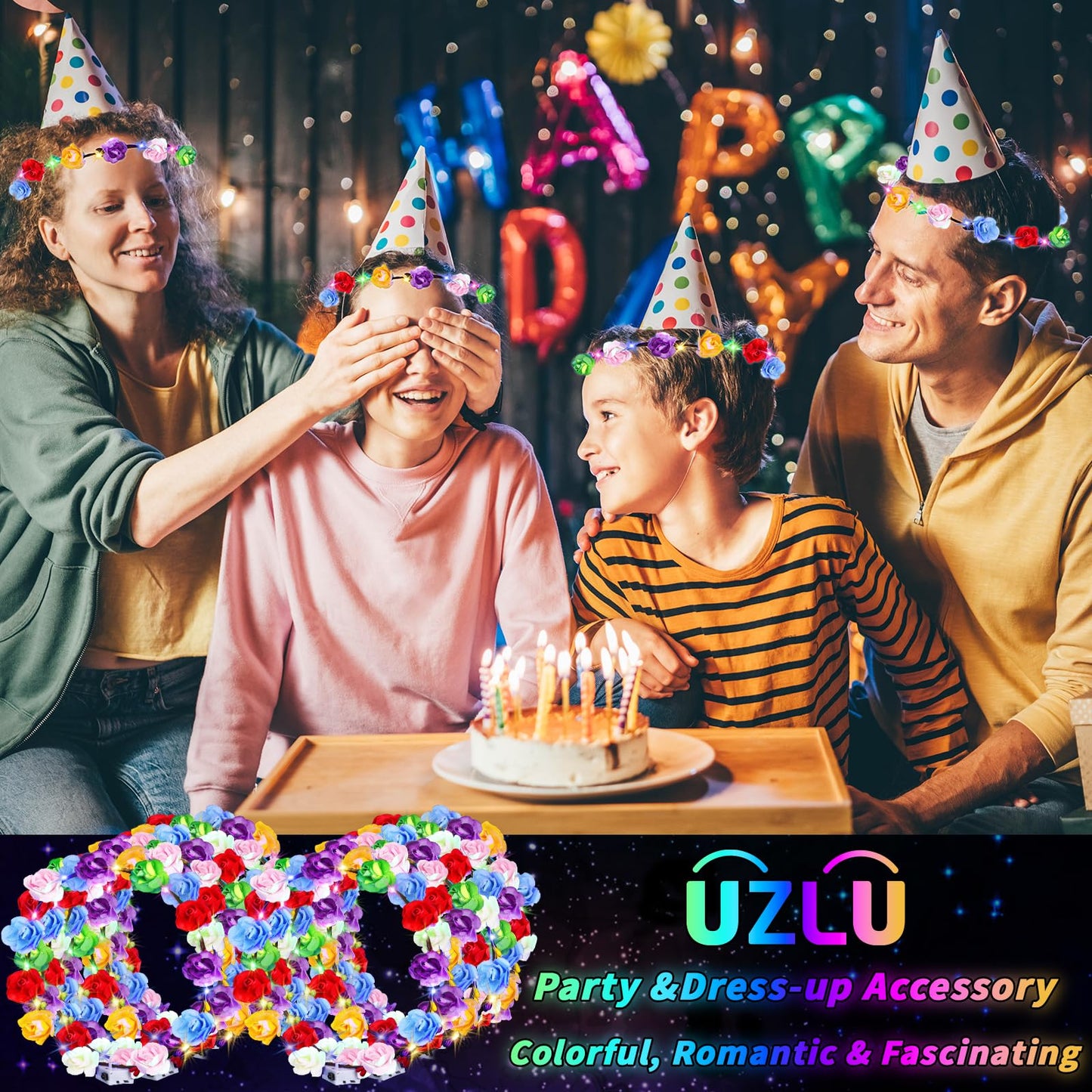 UZLU 80 Pcs LED Flower Crown Headband Glow Floral Wreath Crown for Women Light Up Flower Headband Glow in the Dark Hair Accessories for Wedding Birthday Cosplay Beach Party Favor