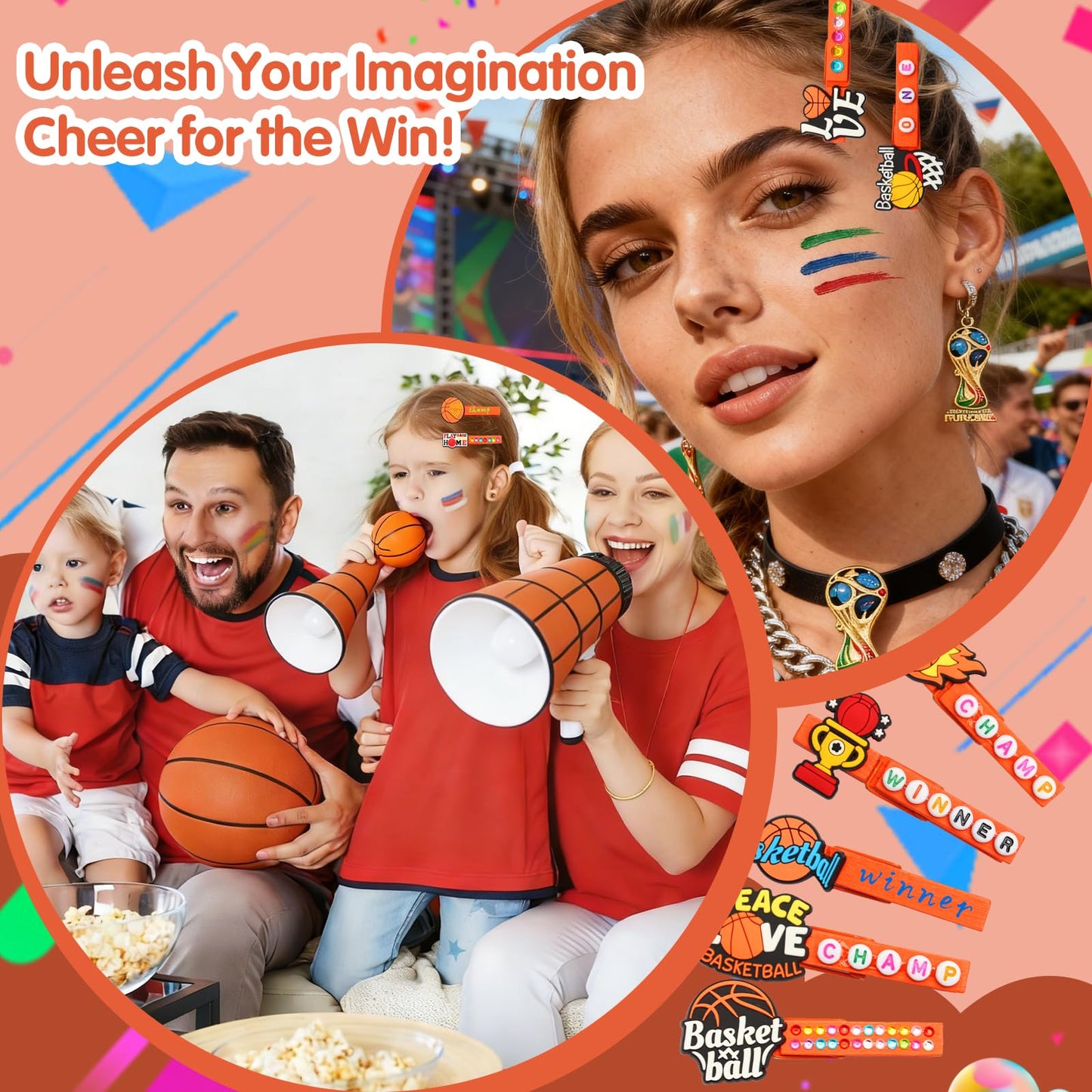 Bumaeu 100 Set Cheer Pin Kit Spirit Clips Includes Wooden Clothes Pins Mini Basketball Patch Beads and Rhinestone Stickers for Basketball Cheer Gifts Backpacks Ribbon Decorations Bulk Team Gifts