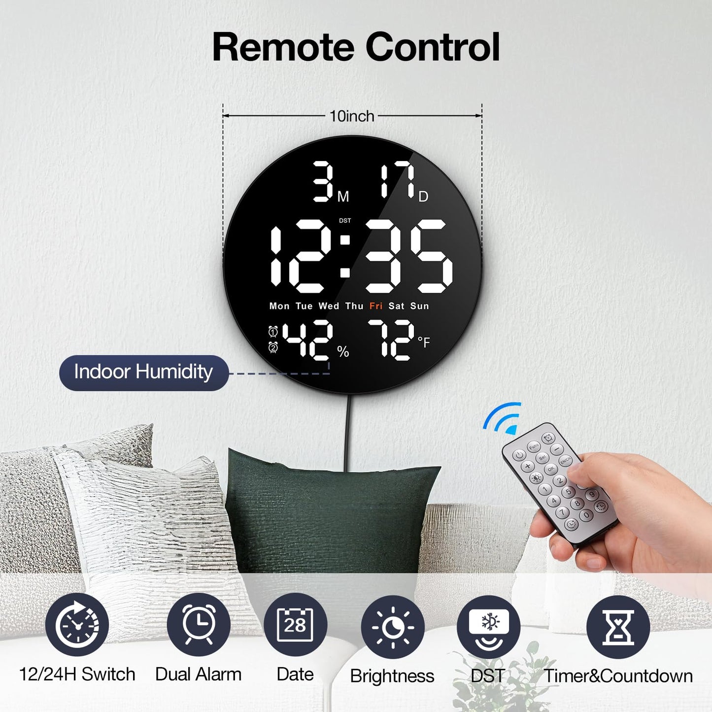 Brauthon Large Digital Wall Clock for Classroom, 10 Inch Large Display LED Electric Round Clocks for Teachers, Kids Office with Date, Temperature, Timer, Remote Control (White)