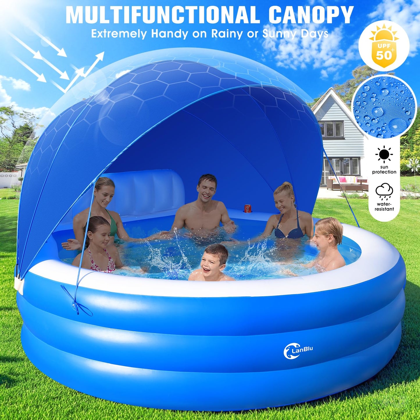 Lanblu 2026 Extra Large Upgraded Inflatable Pool with Canopy,Inflatable Family Lounge Pool,Round Blow Up Pool for Adult with Bench&Backrest,Swim Center Easy Backyard Pools for Kids & Adults90*90"*80"