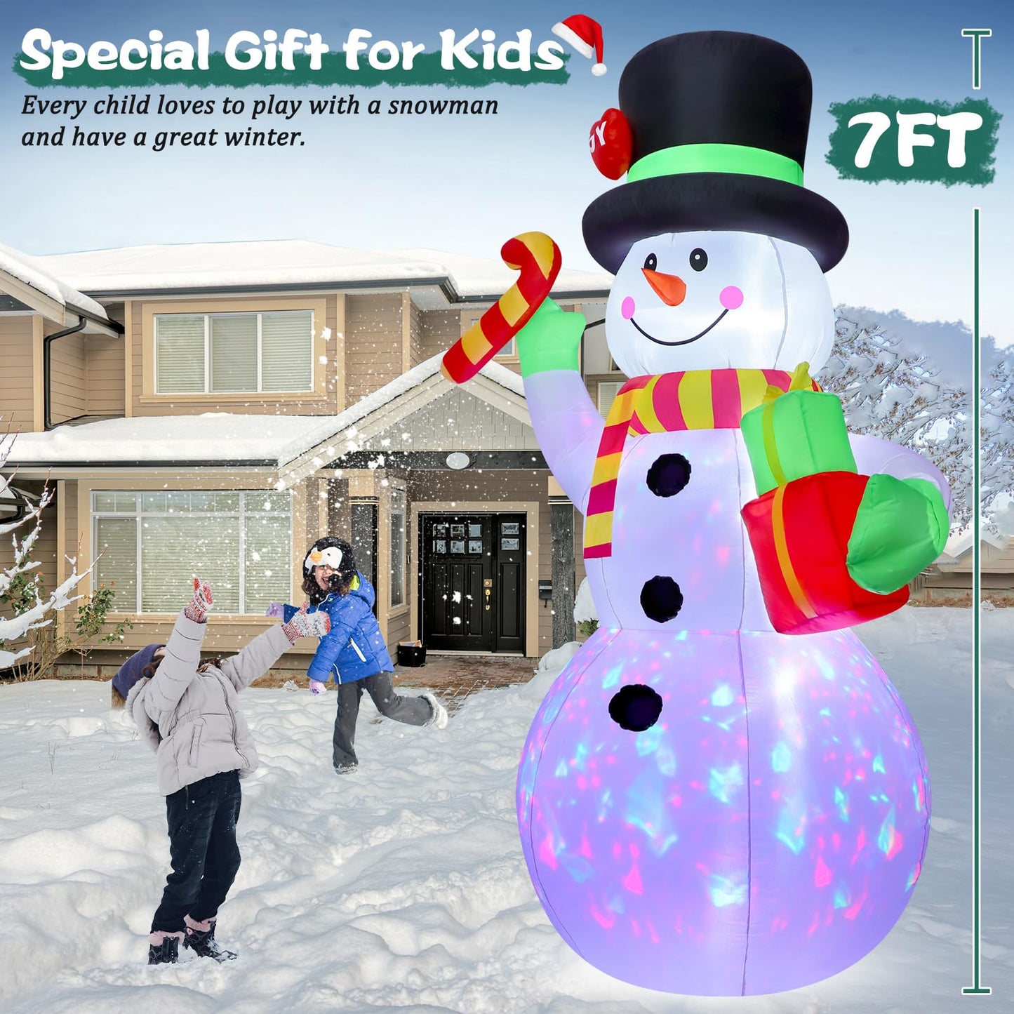 FunFanso 7 FT Christmas Inflatable Snowman Outdoor Decoration, Giant Blow up Snowman Holds Candy and Gift Boxes, Built-in Rotating Colourful Lights for Yard, Garden, Patio, Lawn Xmas Holiday Decor
