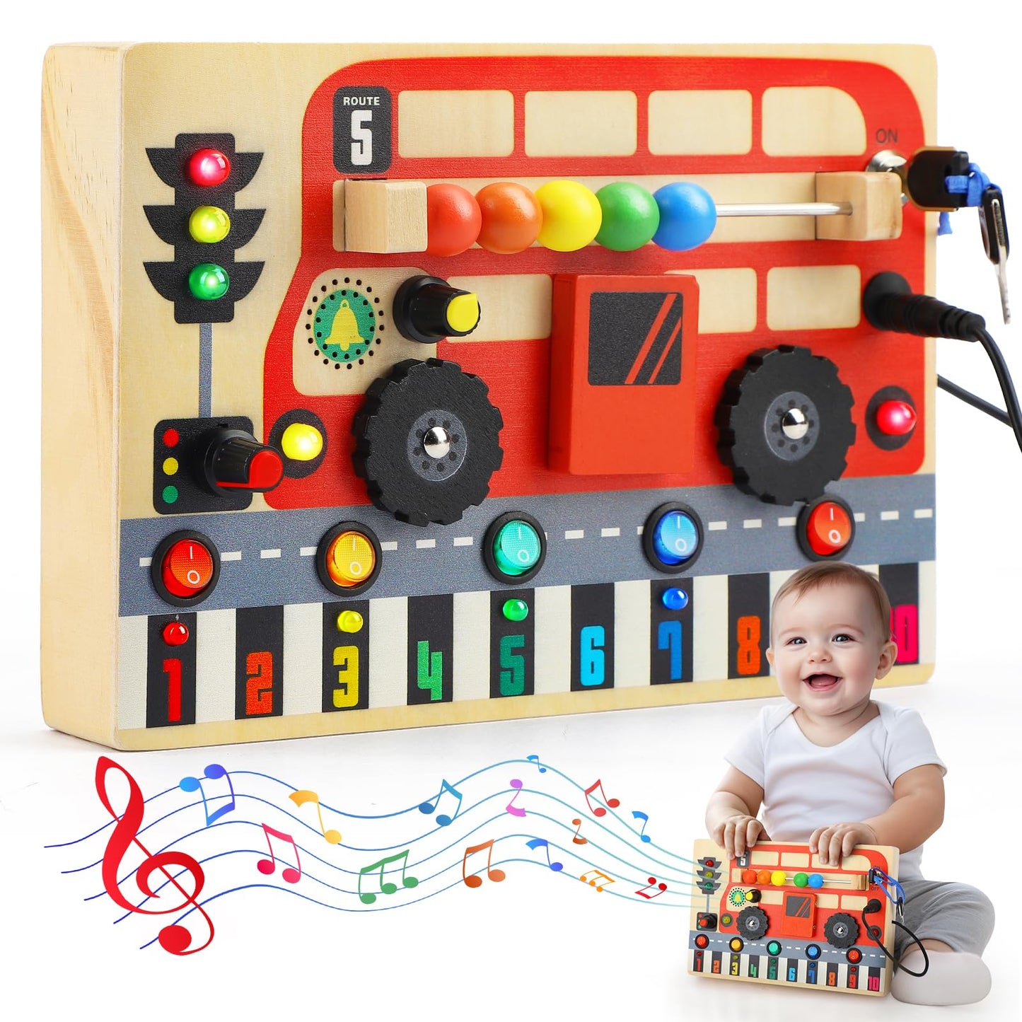 TOY Life Toddler Montessori Busy Board, Wooden Bus Sensory Board Toys with LED Light Up Switchs, Baby Busy Fidget Boards Travel Toys, Easter Birthday Gifts for 1+ Year Old Kids Girls Boys