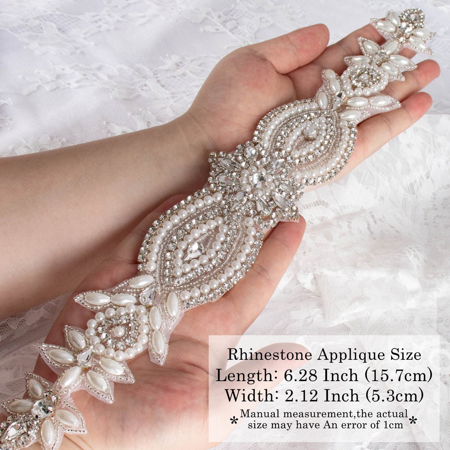 ShiDianYi Wedding Belt Applique Bridal Belt Rhinestone Applique Silver Wedding Dress Sash Belt Applique Crystal Rhinestone Off White Pearls…