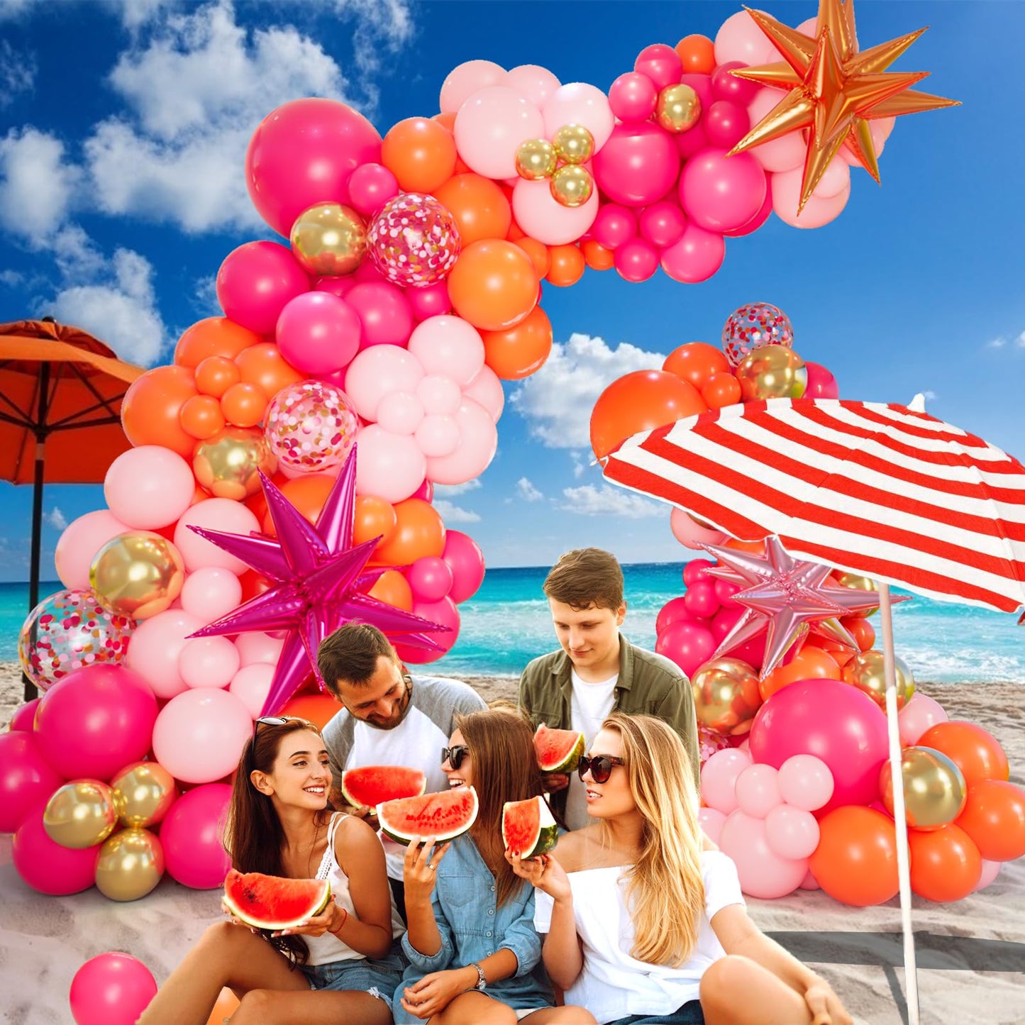 Bonropin Pink and Orange Balloon Arch Kit with Hot Pink Orange Metallic Gold Latex Balloons Garland kit 18 12 10 5Inch Different Size Balloons for Birthday Baby Shower Wedding Summer Party Decorations