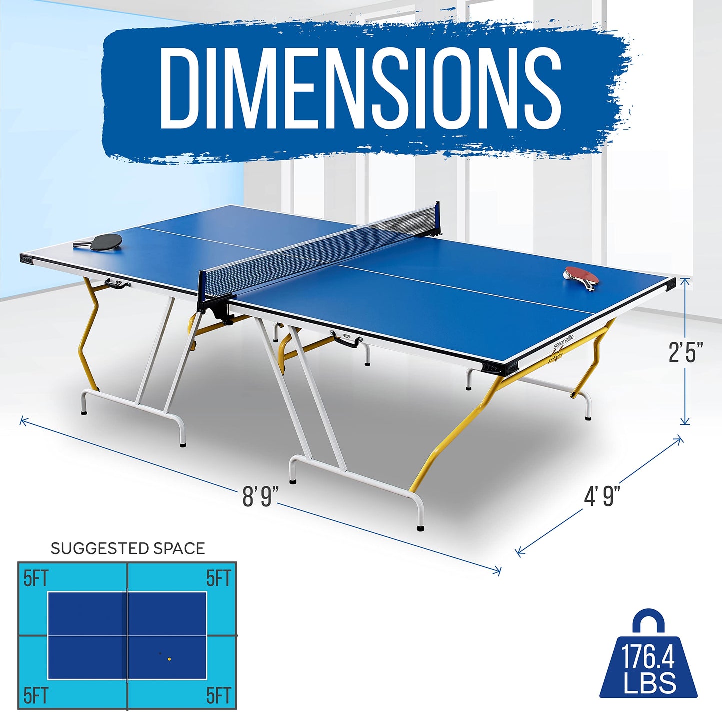 SereneLife Collapsible Full Size Ping Pong Table, 9’ x 5’ Regulation Fold-Flat Table Tennis, Hinged Panels for SUV Transport and Easy Storage, Portable Space-Saving Design, Net & Post Set Included