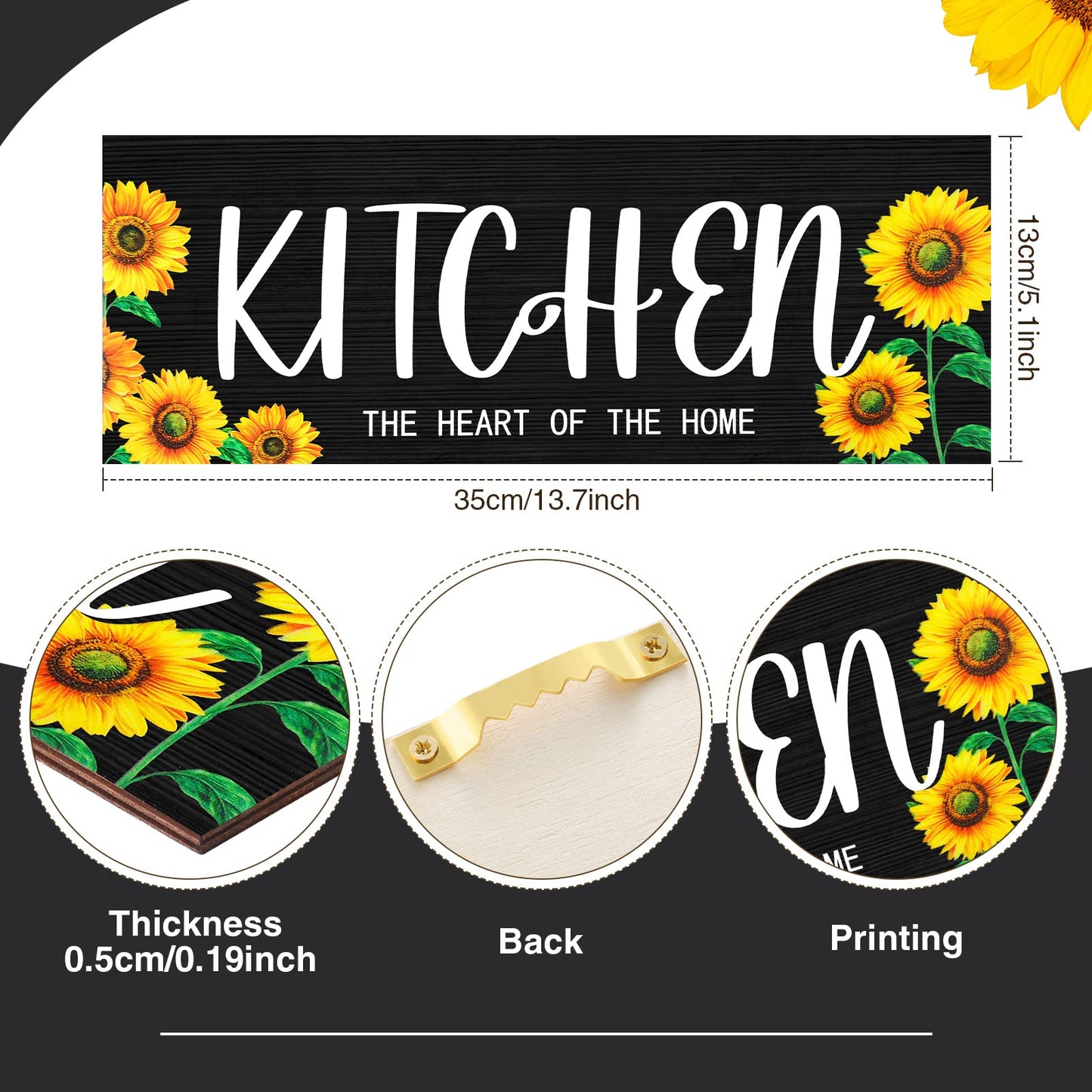 Yerliker 3 Pieces Sunflower Kitchen Decor Hello Summer Blessed Thankful Wooden Hanging Eat Signs Fork and Spoon Summer Farmhouse Wall Art Decor for Kitchen Home (Black, 13.78 x 5.12 Inch)