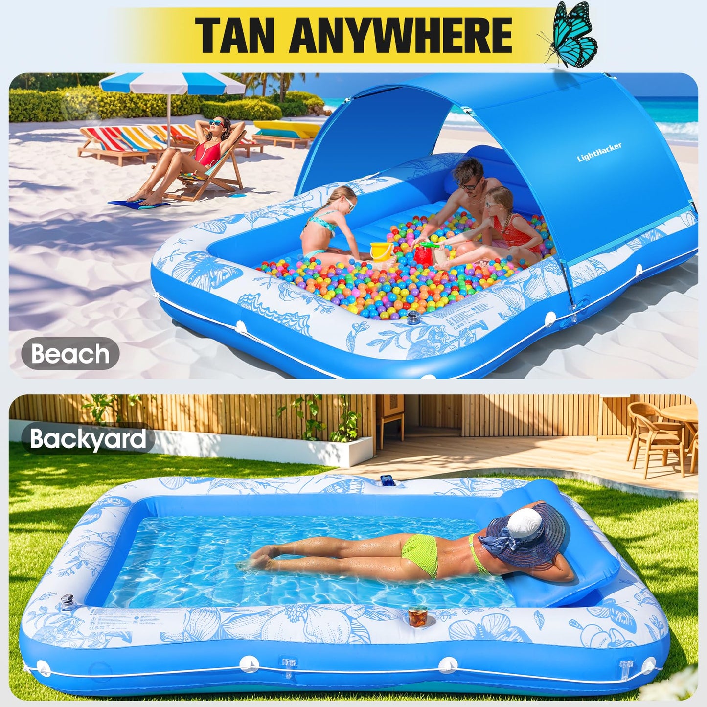 81"x60" Inflatable Tanning Pool Lounger Float with Canopy for Adult,Large Blow Up Sunbathing Bed & Water Raft,Butterfly Pool Floatie with Cup/Phone Holder,5 in 1 Floating Lounge for Pool,Lake,Backyard