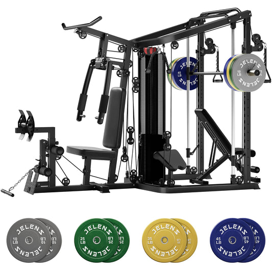 JELENS Home Gym System, 150LB Weight Stack Smith Machine with LAT Pull-Down & Leg Press, All-in-One Strength Training Equipment, Workout Station for Workout (Black, 230LBS Colored Weights Package)