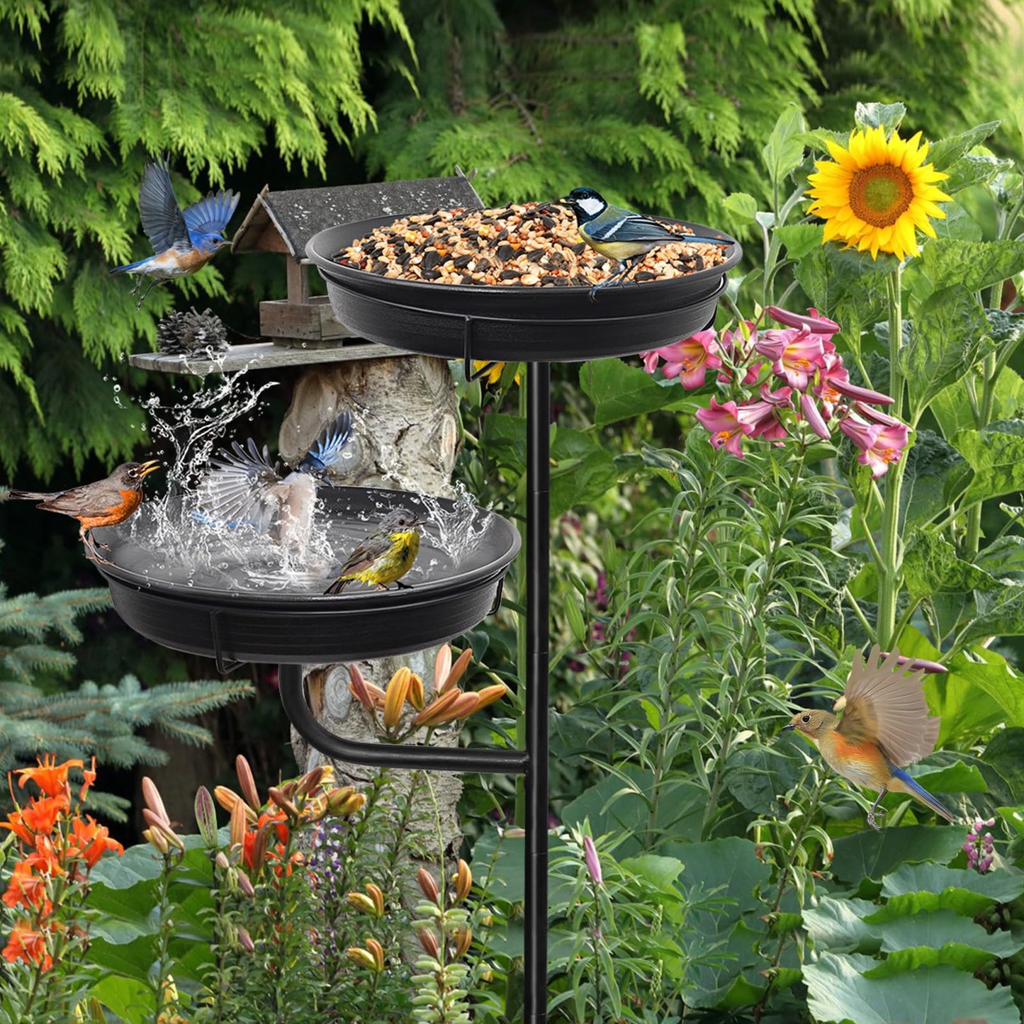 YALINKA Freestanding Birdbaths Bowl Outdoor, Standing Garden Bird Bath Bird Feeder & Bird Bath Bowl, Detachable Decoration Spa Birdfeeder for Garden Patio Yard Lawn, 4 Spiky Metal Stake (Black)