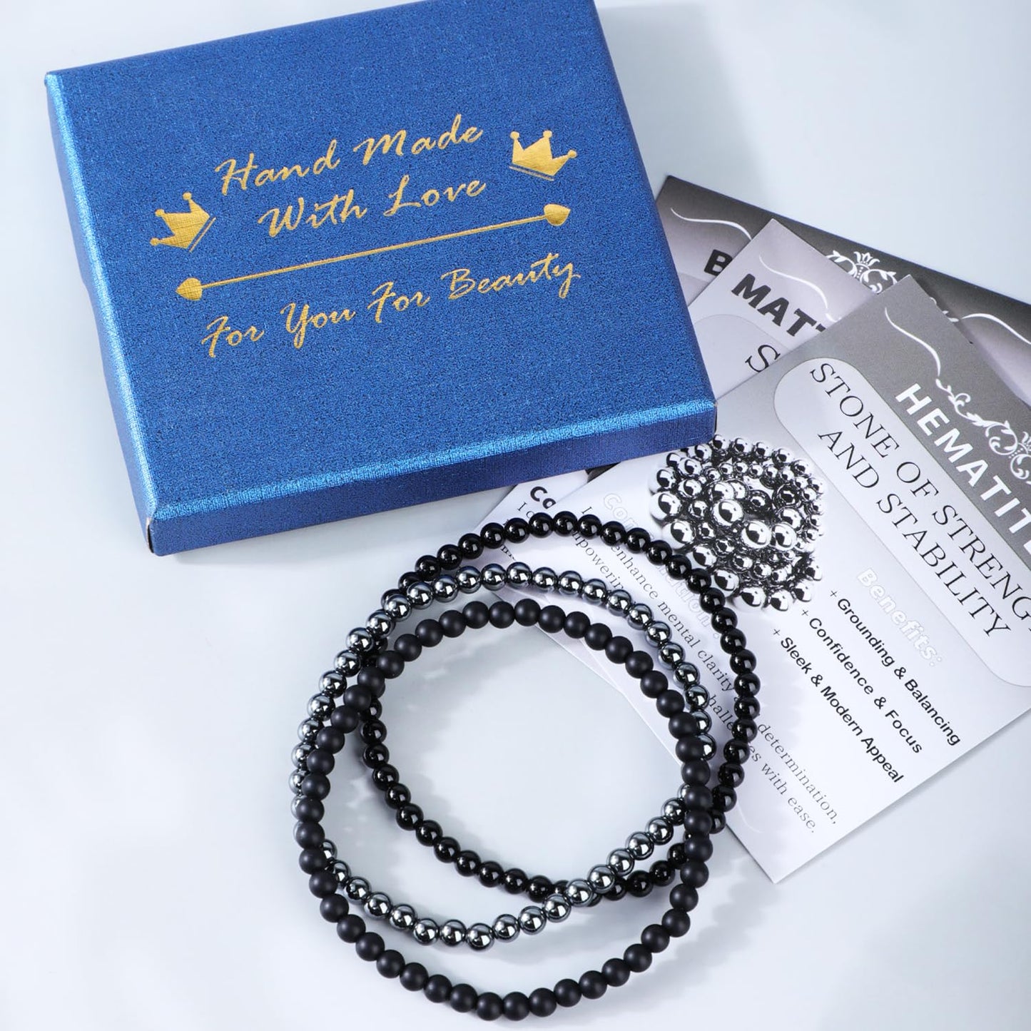 CMBYN 3-Pieces 4mm Natural Crystal Gemstone – ﻿Black Onyx, Hematite, Matte Black Agate Handmade Reiki Energy Healing Stretch Bracelets Jewelry for Yoga, Meditation, Unisex