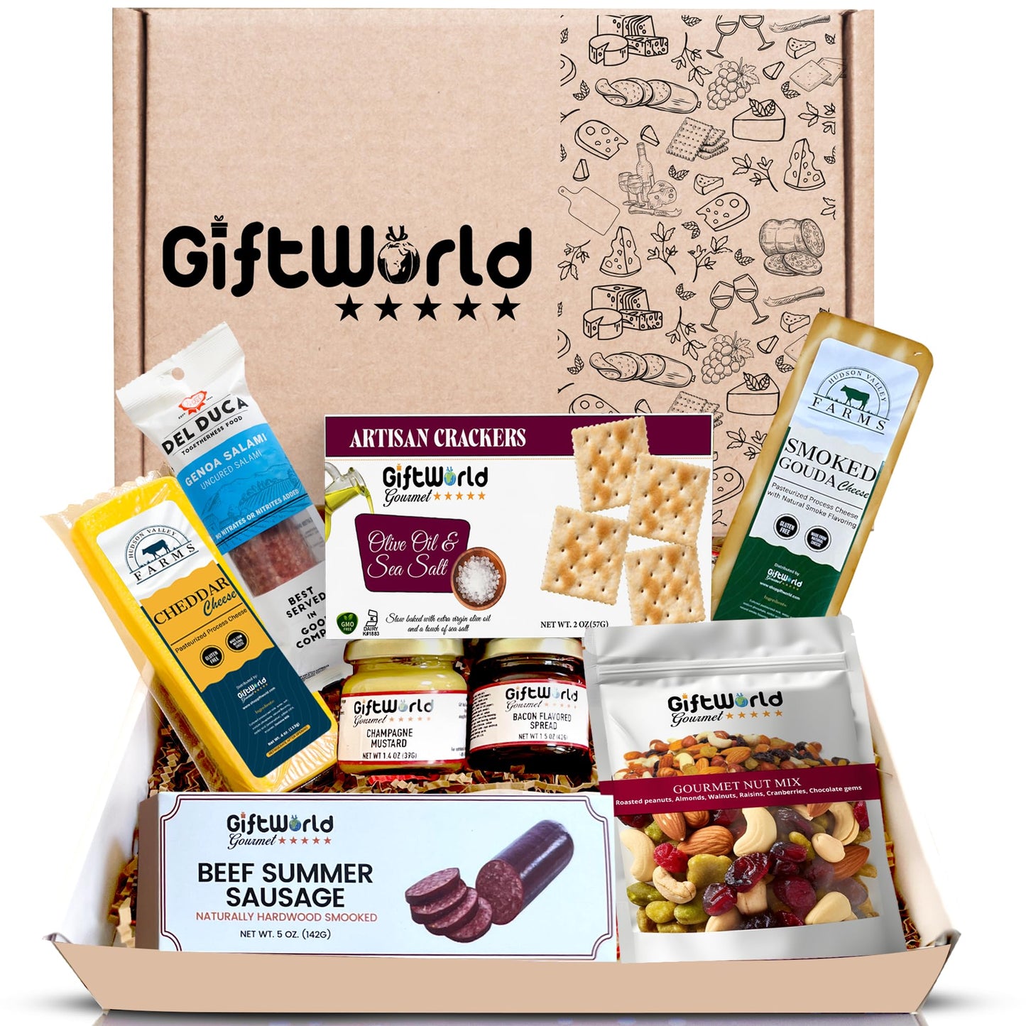 Charcuterie Meat and Cheese Gift Basket, Charcuterie Board Food Items, Food Gifts for Men, Meat Sampler For Men, Tailgating, Business, Congratulations, Care Packages, Thanksgiving and Christmas Gifts (8-item Bundle)