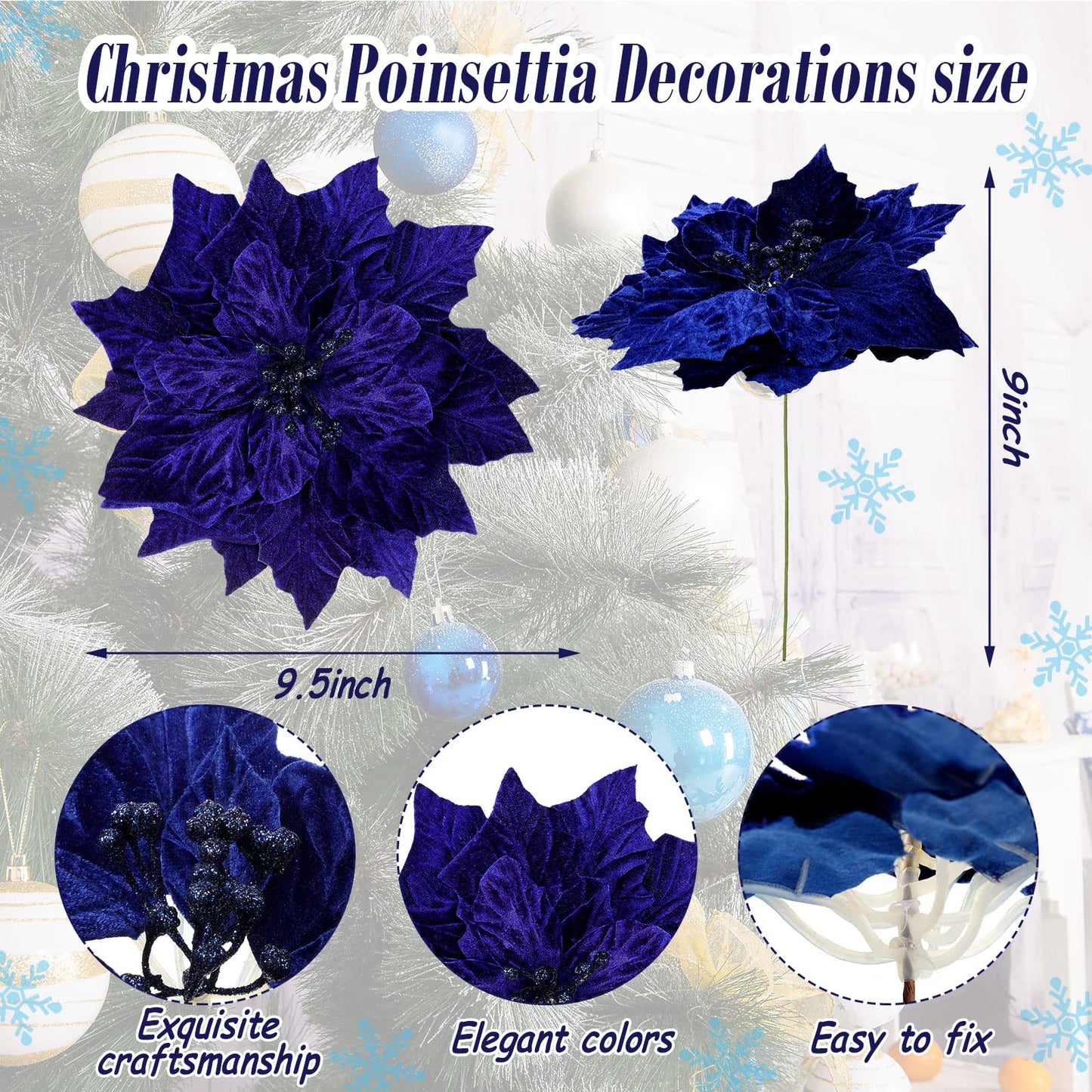 Cindeer 7 Pcs Christmas Poinsettia Artificial Flowers Christmas Poinsettia Ornaments Picks Blue Flowers Decoration for Xmas Tree DIY Wreaths Ornament Wedding Party, 9.8 Inch