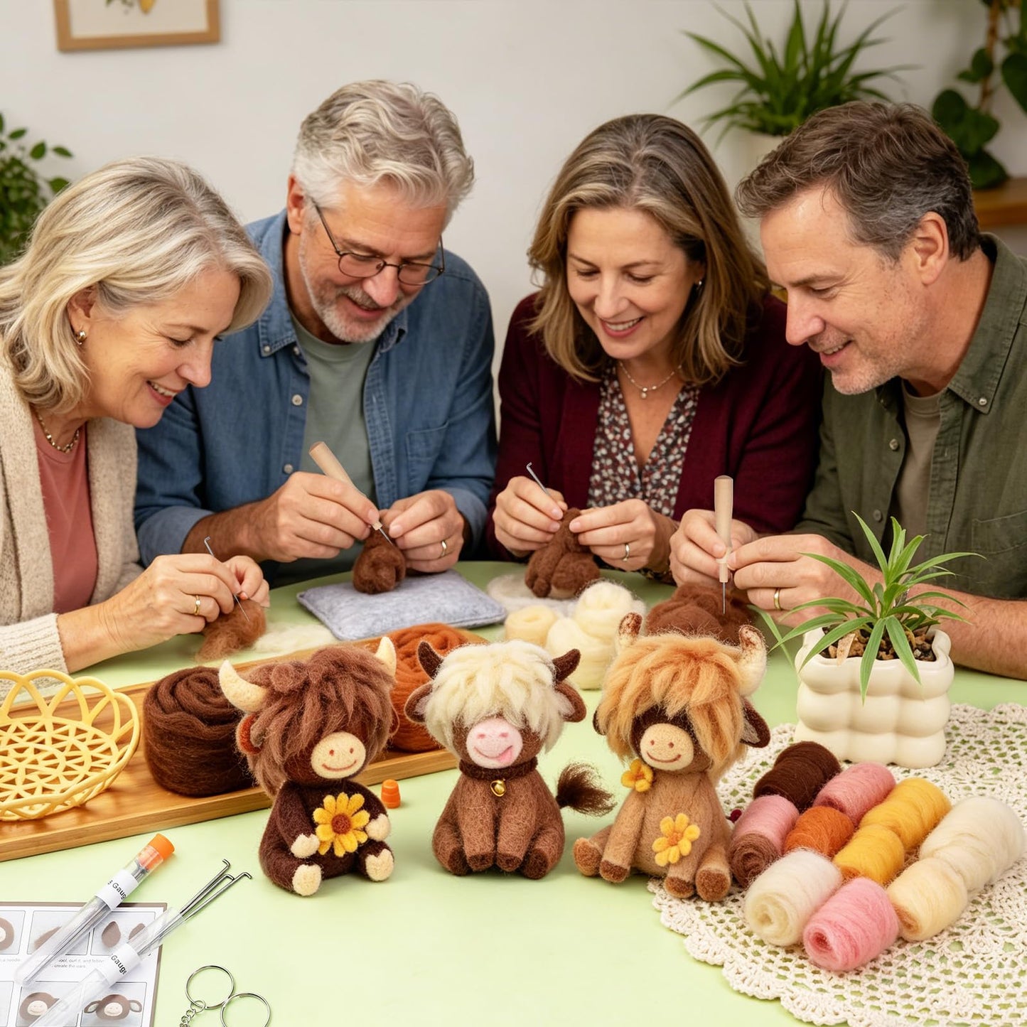 Yizzvb Needle Felting Kit, Highland Cow Family Needle Felting Kits for Beginners Adult with Instruction, Wool, Felting Needles, Felting Pad, Wool Felting Kits for Beginners DIY Home Decoration