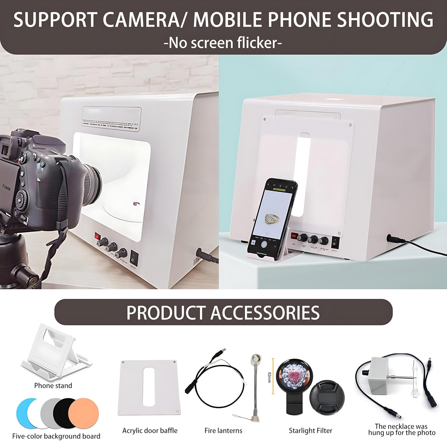 QIUNAOZI Jewelry Hanging Photography Kit, Pro Jewelry Photography Light Box Kit, Turntable Diameter 11/15cm, 4pcs Fill Lights, with 360° Electric Rotating Feature, for Jewelry, Small Items White-TB30