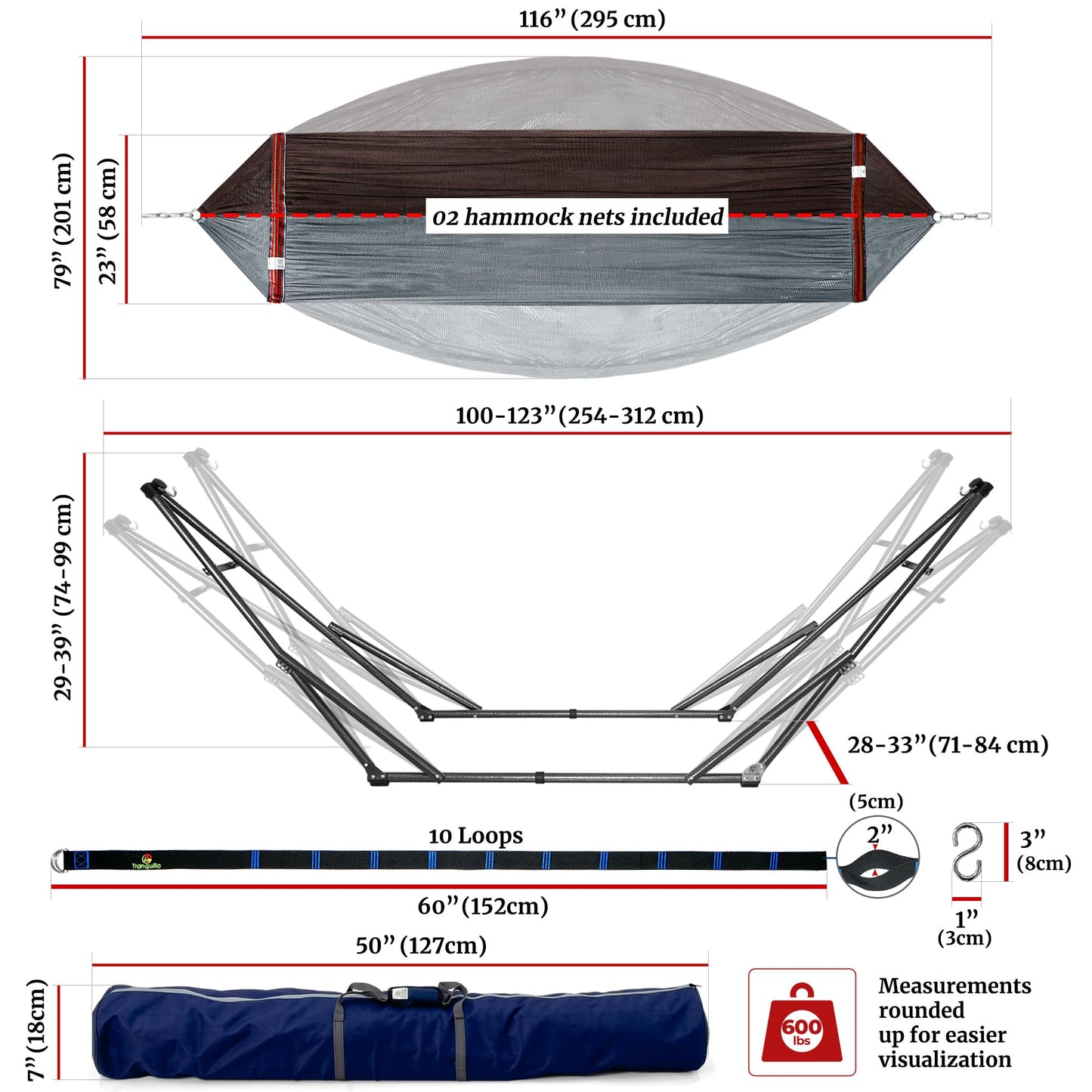 Tranquillo Combo x2 Hammocks with Stand for Outside & Tree Straps, Heavy Duty Hammock with Stand 600lbs for Indoor Outdoor Patio Backyard, x2 Hammocks for 2 Person (Combo - Brown, Medium)