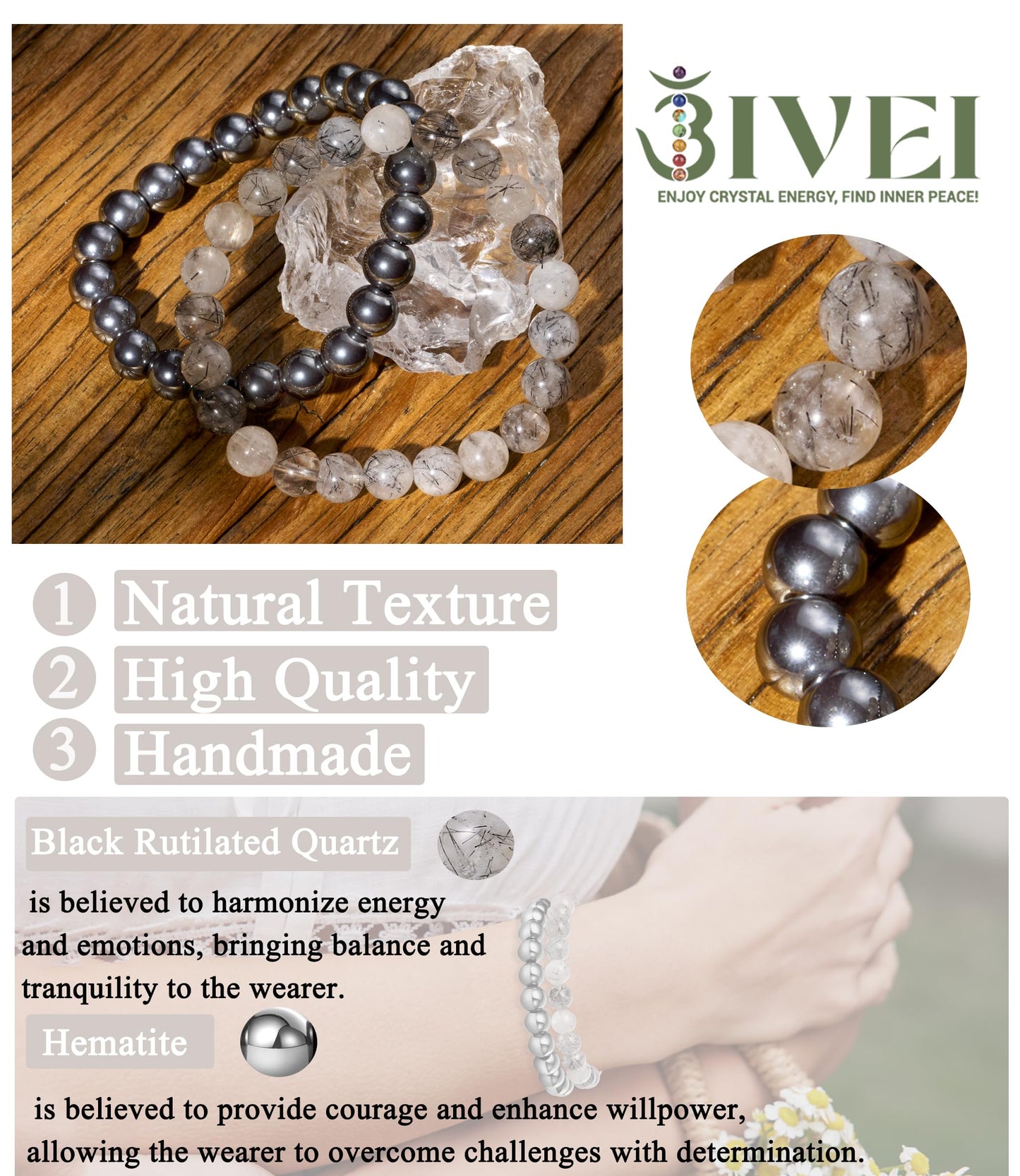 Bivei Natural Gemstone Semi Precious Crystals Handmade Stretchy Round Beads Bracelet, Enhance Positive Energy,Stocking Stuffers for Women(Black Rutilated Quartz & Hematite (Emotional Trauma) Medium)