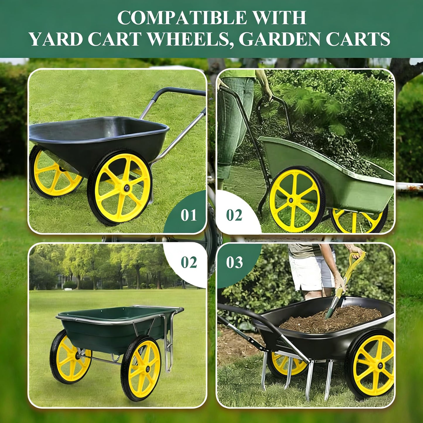20” Flat Free Wheelbarrow Tires, 5/8” Extra 3/4”Bearing, with 2.45” Centered Hub, Replacement for Rubbermaid Wheelbarrow wheels, Garden Yard Cart, Big Wheel Utility Carts (Yellow, 2 pick)