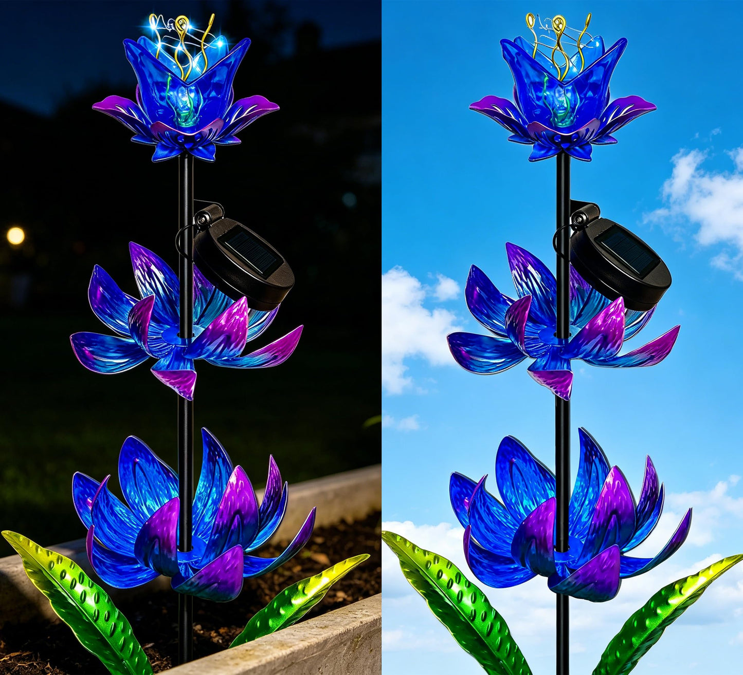 Solar Wind Spinner Outdoor, 63 Inch Metal Wind Spinner Yard Art with LED Lights, Three-Layer Flower Design Pinwheels for Yard and Garden Decor, Solar Garden Decor