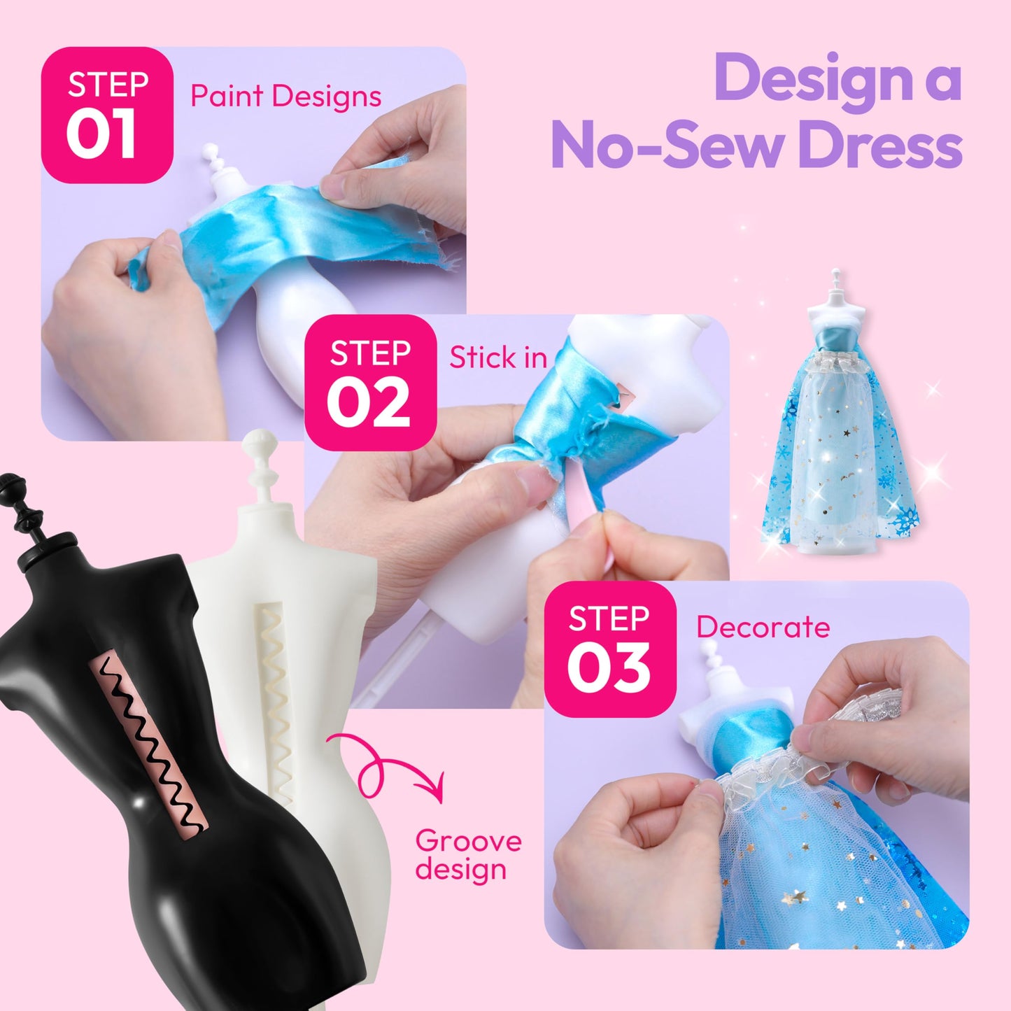 Klever Kits 400+PCS Fashion Design Crafts for Kids, Art and Crafts, DIY Sewing Kits with 3 Mannequins for Girls Aged 8-12, Birthday Presents, Toys for Kids
