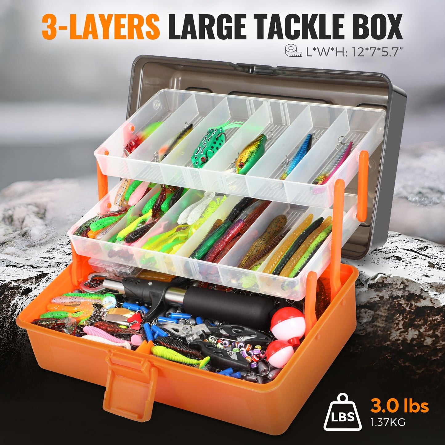 PLUSINNO Large 3 Layers Fishing Tackle Box with Tackle Included, 415Pcs Fishing Lures Kit Contains Pliers, Crankbait, Hooks, Weights & Accessories, Fishing Gear Gifts for Men Starter Kits Bass Trout