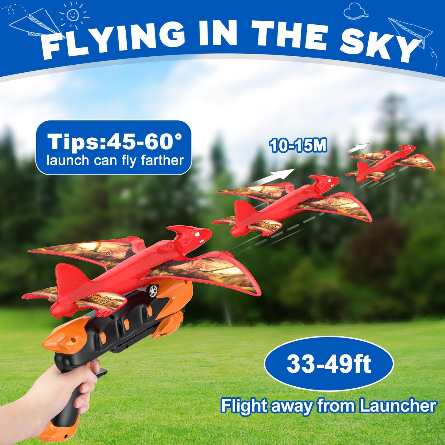 Onysurui 3 Pack Dinosaur Airplane Launcher Toys,Flying Toys for 3 4 5 6 7 8 9 10 Year Old Boys,Kids Toys 5 6 7 8 9 10 12 Year Old Boy Gift Ideas,Airplane B-Day Party Supplies, Green,Orange,red