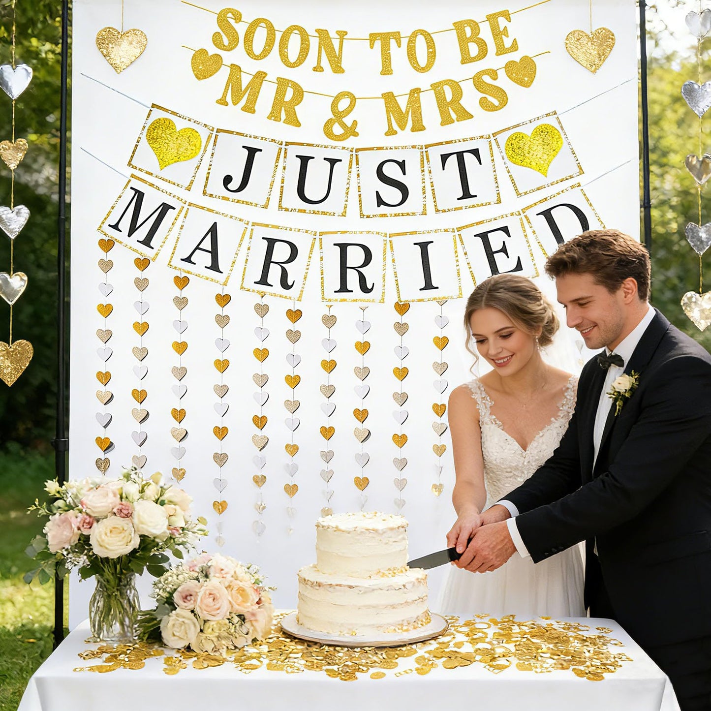 Wedding Banner Just Married Party Decorations Heart Streamers Garland Glitter Paper Diamond Ring Confetti for Bridal Shower Decor Home Party Engagement Party Bride'S Room Photp Prop Decorations