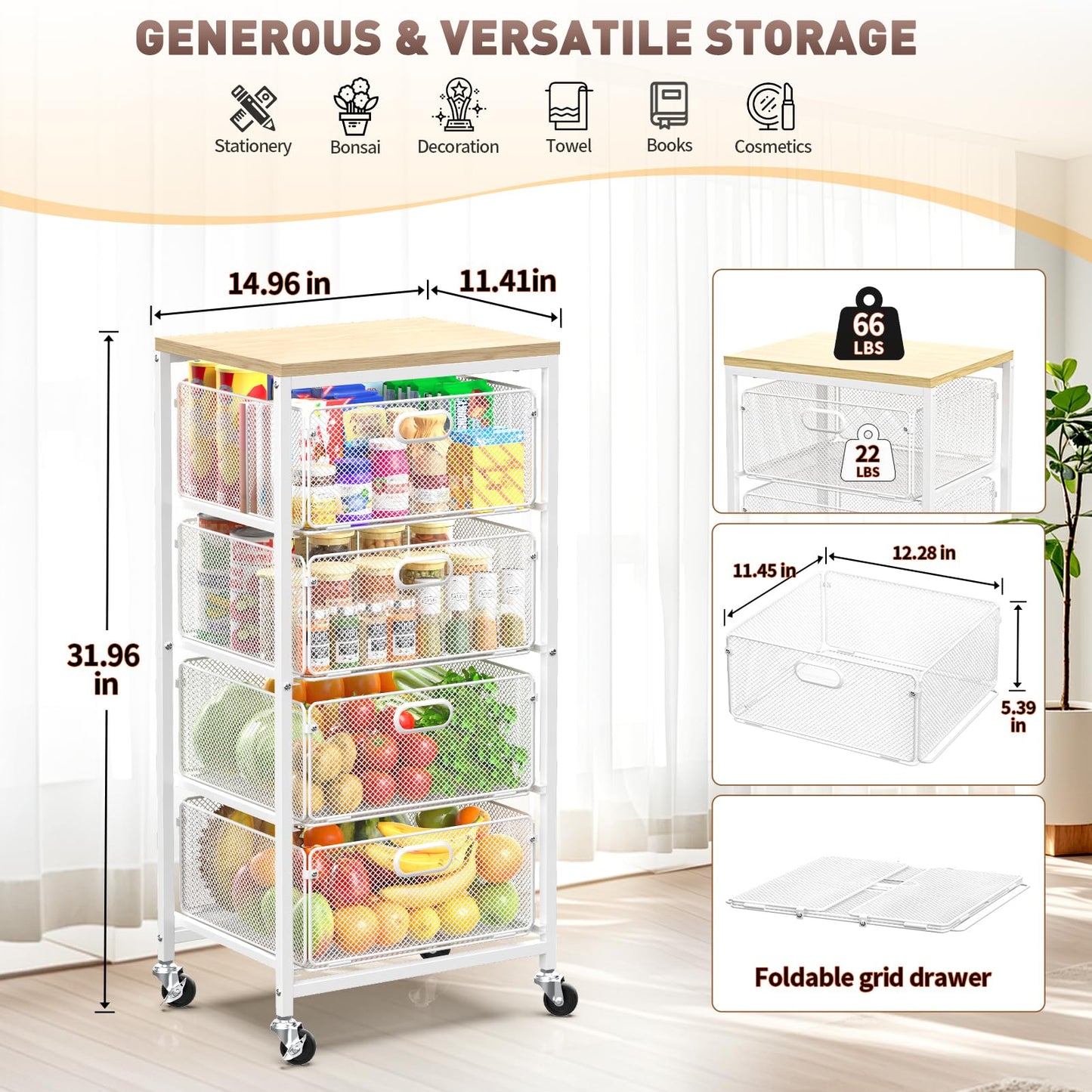 SUNALLY Rolling Kitchen Cart with Drawers, 4-Tier Utility Cart Fruit Vegetable Storage Cart with Lockable Wheels, Wooden Top Metal Kitchen Storage Organizer for Cans, Snacks, Beauty, Craft, Art, White