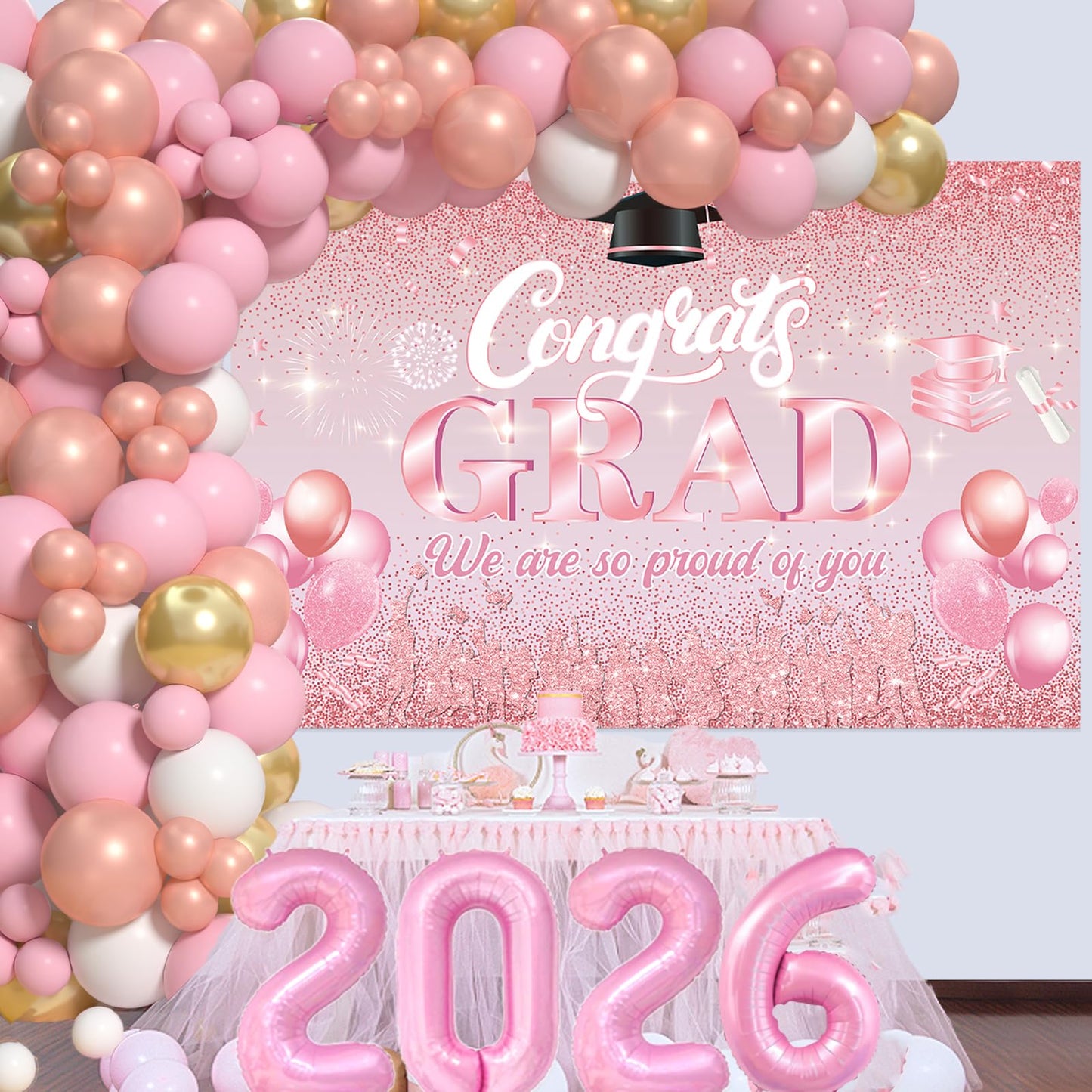 Pink Graduation Decorations Class Of 2026 - Graduation Balloon Arch Kit With Pink Rose Gold Balloons, Grad Backdrop, 2026 Foil Balloons For Girls High College School Decor