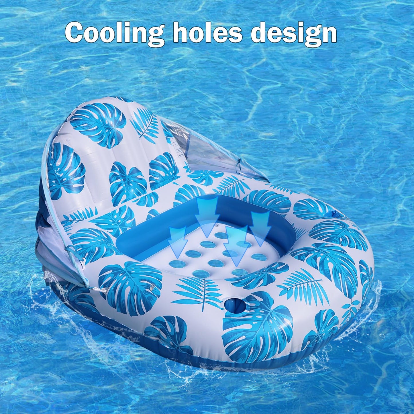 COOLCOOLDEE Pool Float with Canopy for Adults,Inflatable Lounge Chair with UPF 50+ Sun Protection,Backrest and Legrest,Blue