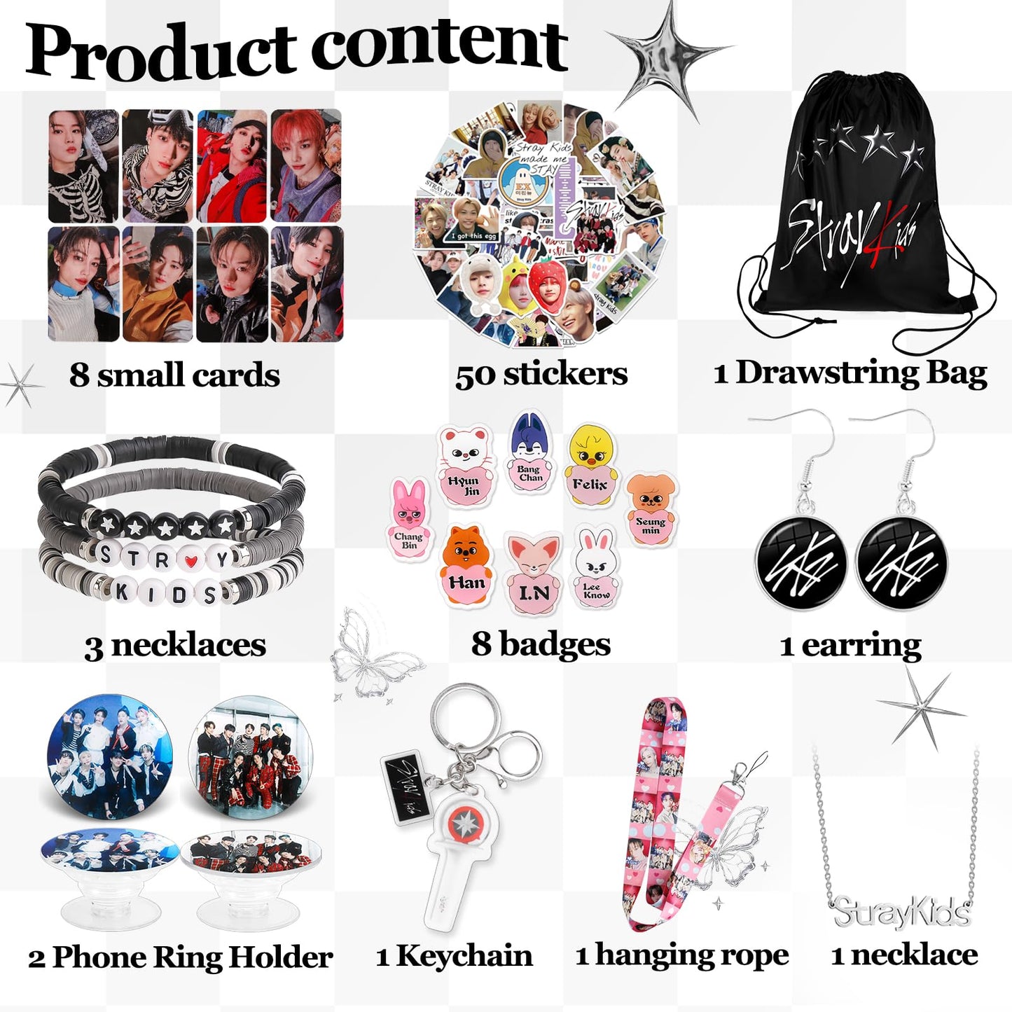 Japior Stray Kids Gifts Set,Including Drawstring Bag, 8 Cartoon Badges,50 Stickers,8 Photocards,3 Themed Bracelets, Necklace,Earrings, Keychain,Straykids Lanyards for Fans