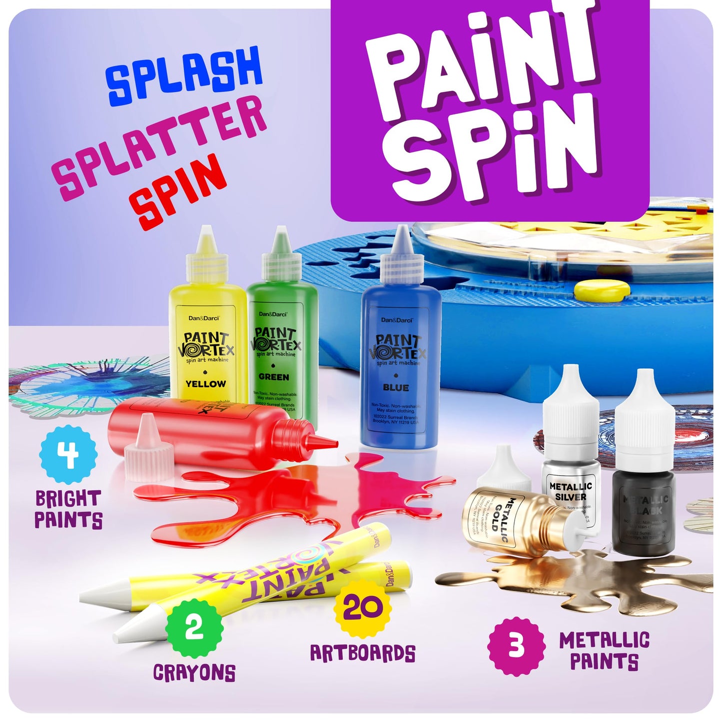Dan&Darci Paint Vortex Spin Art Machine - Kids Art Kit for Boys & Girls Ages 6+, Motorized Spinner with Splash Guard, Metallic Paints & 20 Artboards - Birthday Gifts for Girls - Craft Kit