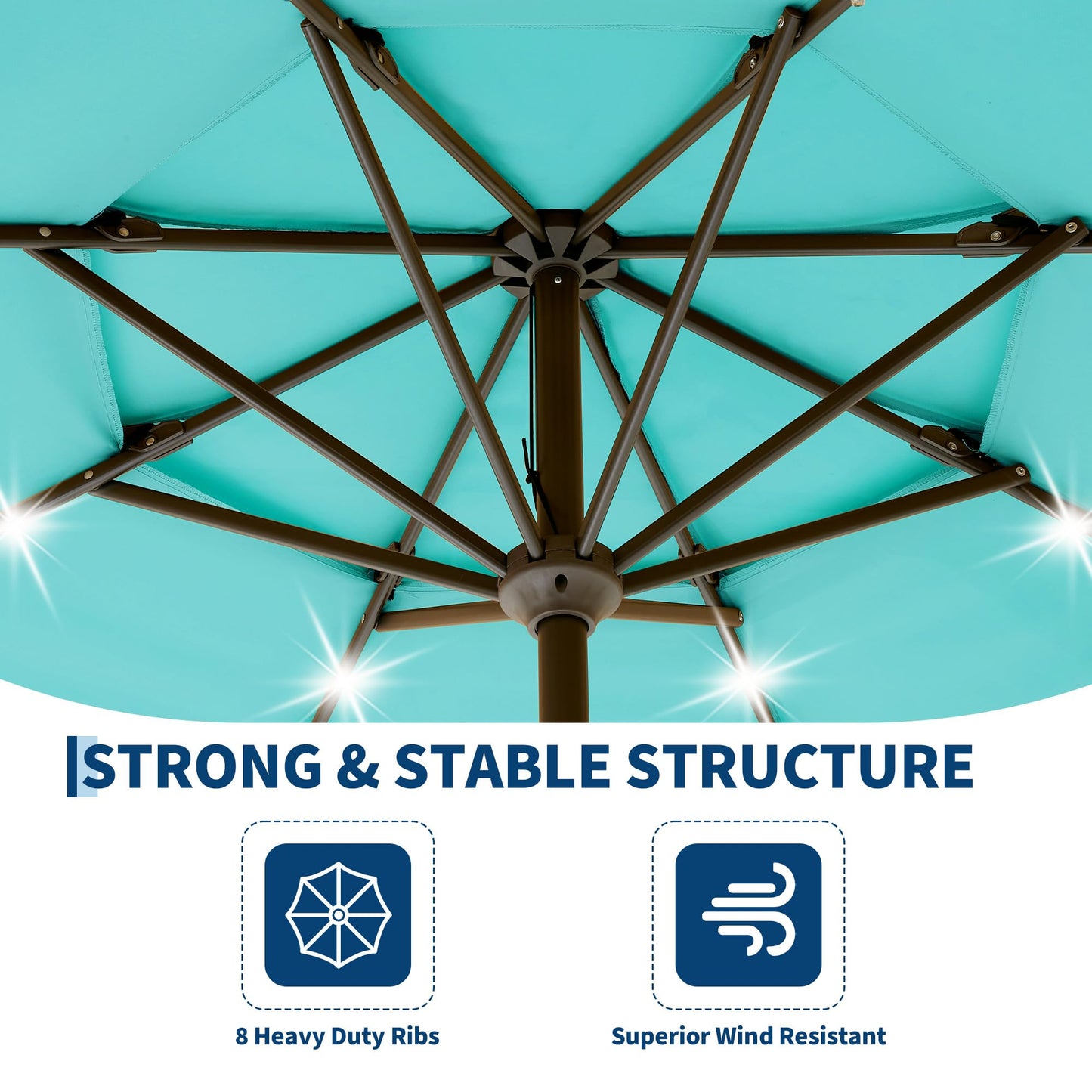 JoanKaren 3 Tier Patio Umbrella with Light, 9ft Outdoor Patio Umbrella with Vented Top, 24 LED Solar Lights, Easy Crank and Push Button Tilt, 8 Sturdy Ribs, for Pool, Deck, Yard, Garden, Light Blue