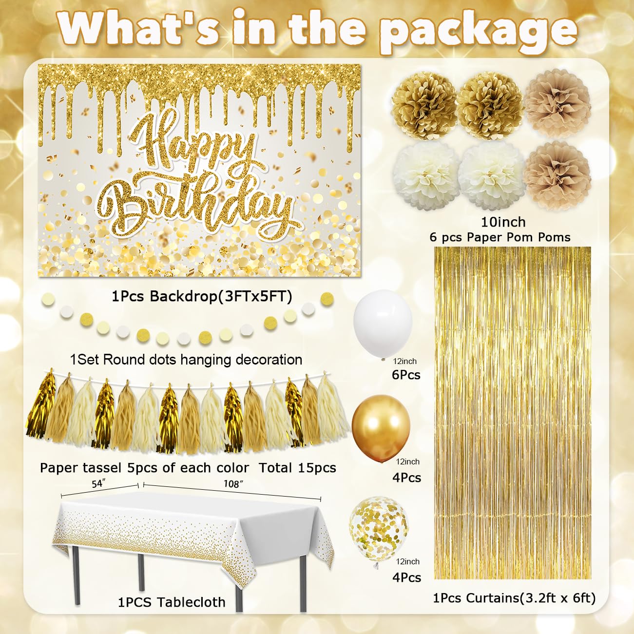 Gold Birthday Party Decorations Set for Women Girls - Happy Birthday Banner, Backdrop, White Balloons, Tassel Curtains, Dot Tablecloth - Party Supplies