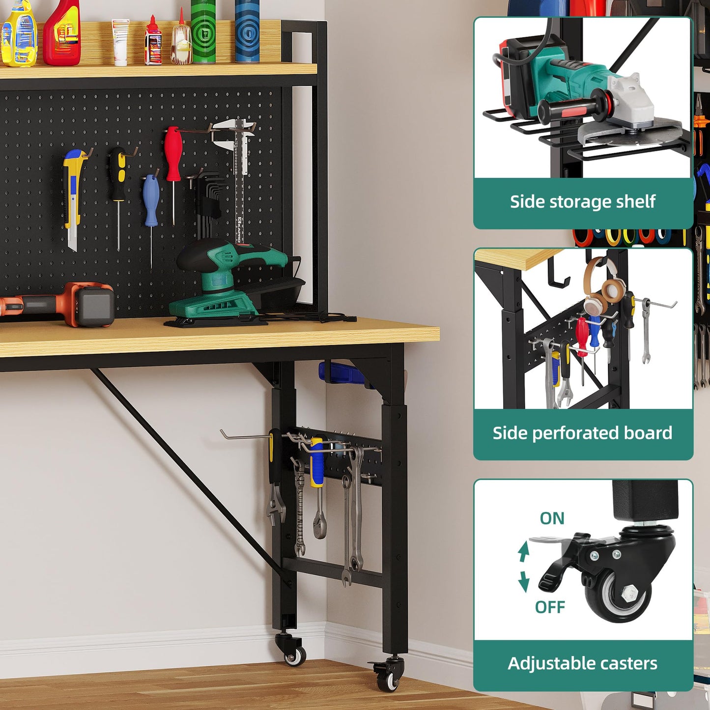 YITAHOME 60" Adjustable Workbench with Pegboard, Wheels & 1600 LB Capacity, Rolling Work Table with AC/USB Outlets, Hooks, and Rack, Heavy-Duty Work Bench for Garage, Workshop, Office, or Home