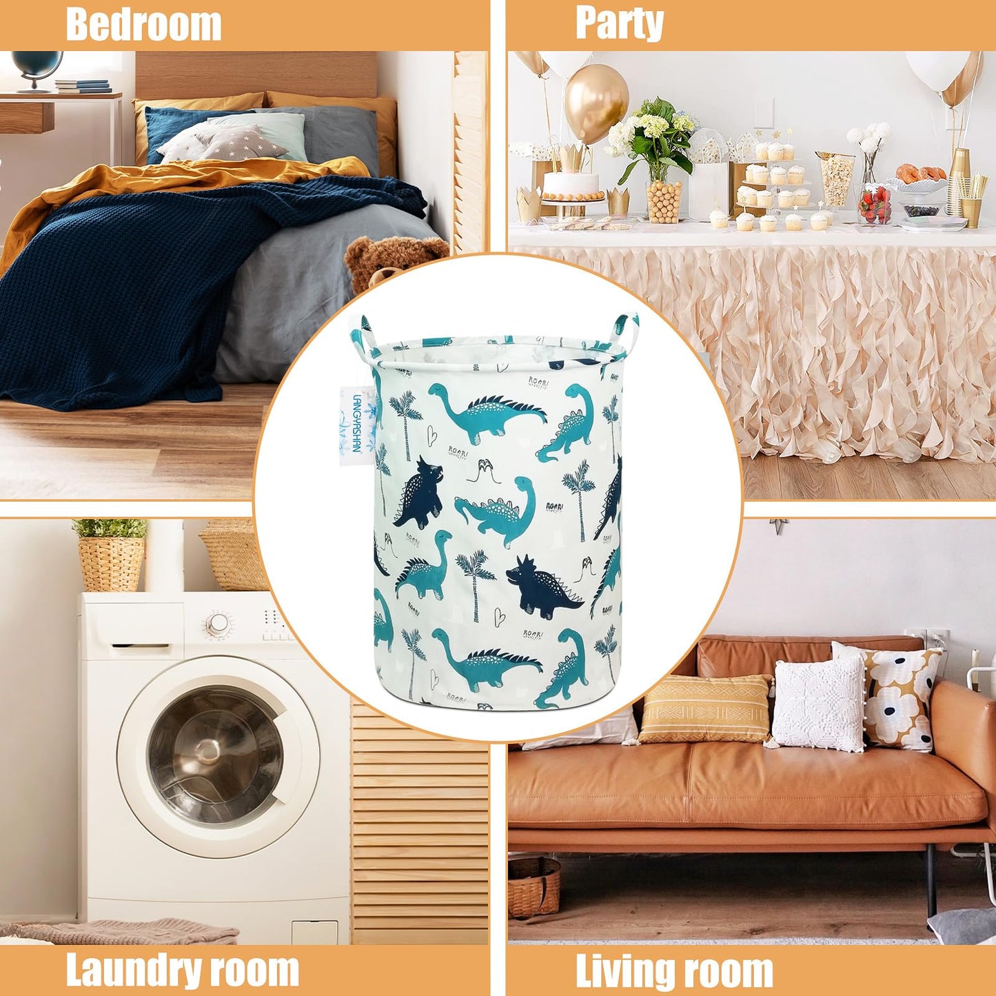 LANGYASHAN Laundry Basket Canvas Fabric Collapsible Organizer Basket for Storage Bin Toy Bins Gift Baskets Bedroom Clothes Children Nursery Hamper (Full dinosaur)