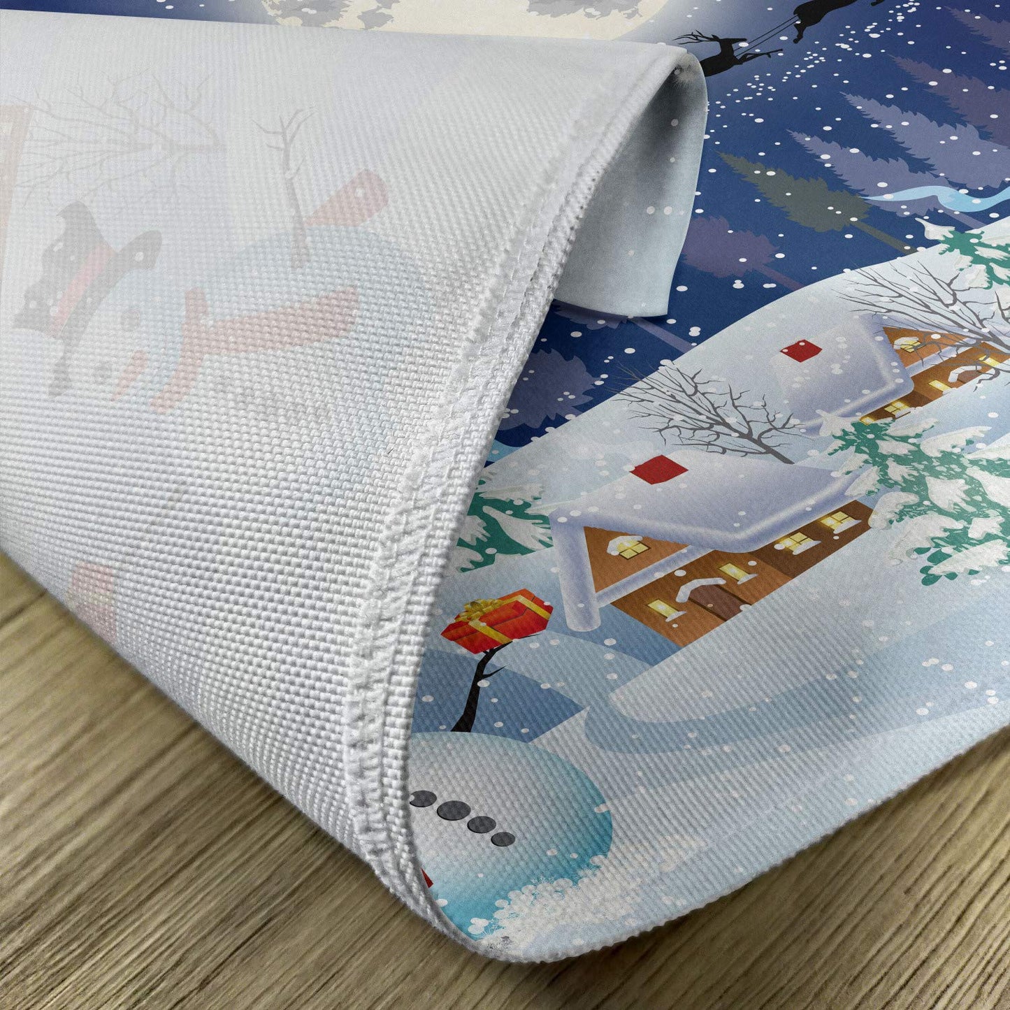 Ambesonne Christmas Place Mats Set of 4, Winter Season Snowman Xmas Tree Santa Sleigh Moon Present Boxes Snow and Stars, Washable Fabric Placemats for Dining Table, Standard Size, White Blue