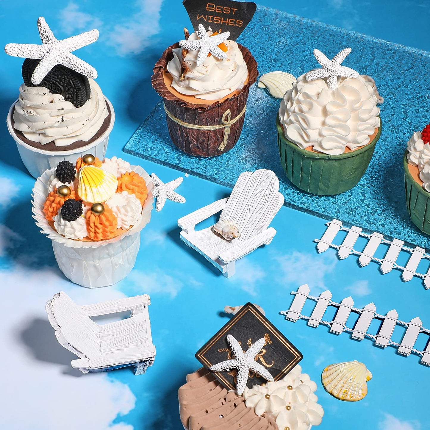 Qunclay 27 Pcs Hawaiian Beach Cake Topper Decorations Adirondack Chair Cake Topper Summer Mini Pool Seashell Decorations Mini Doll Furniture for Wedding Birthday Engagement Baby Shower Luau Party