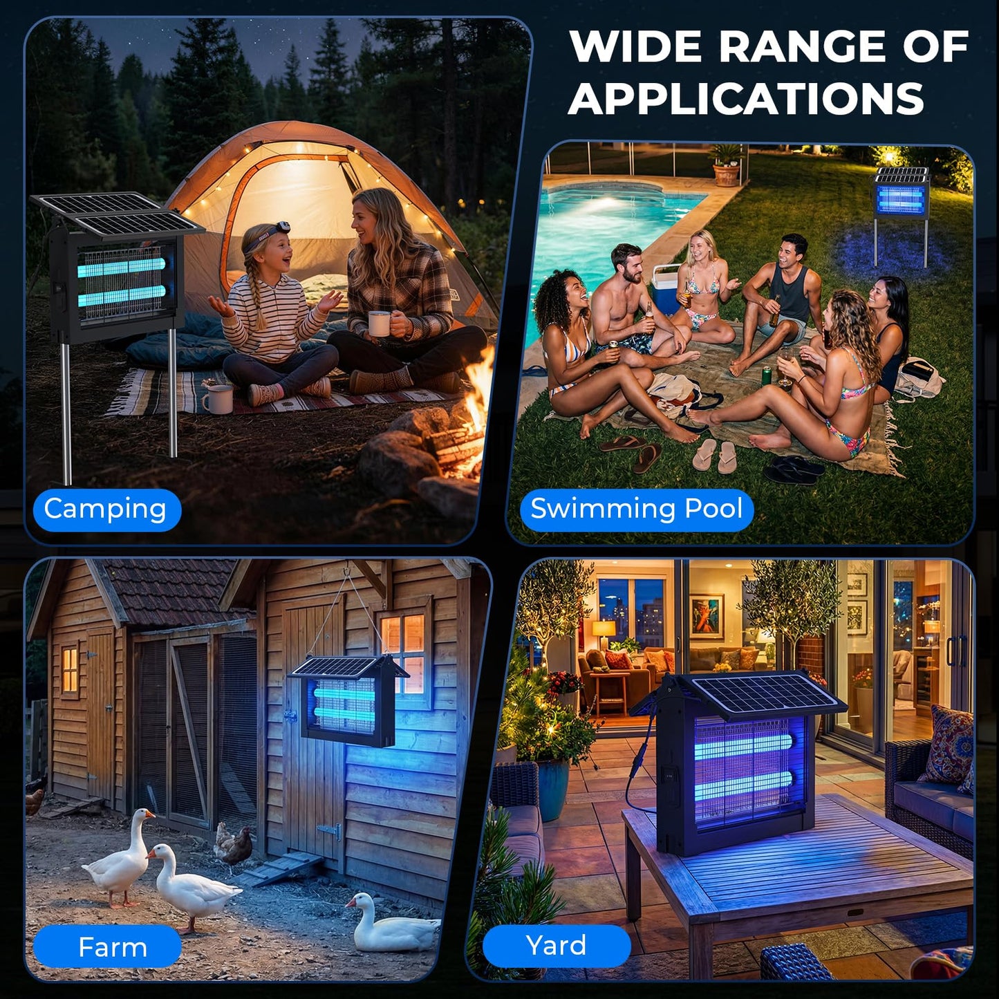 Upgraded Solar Bug Zapper Outdoor with Dual Panels, 4500V Cordless Rechargeable Fly Insect Killer Waterproof Electric Mosquitoes Zapper for Patio Garden Backyard RV Camping Pond