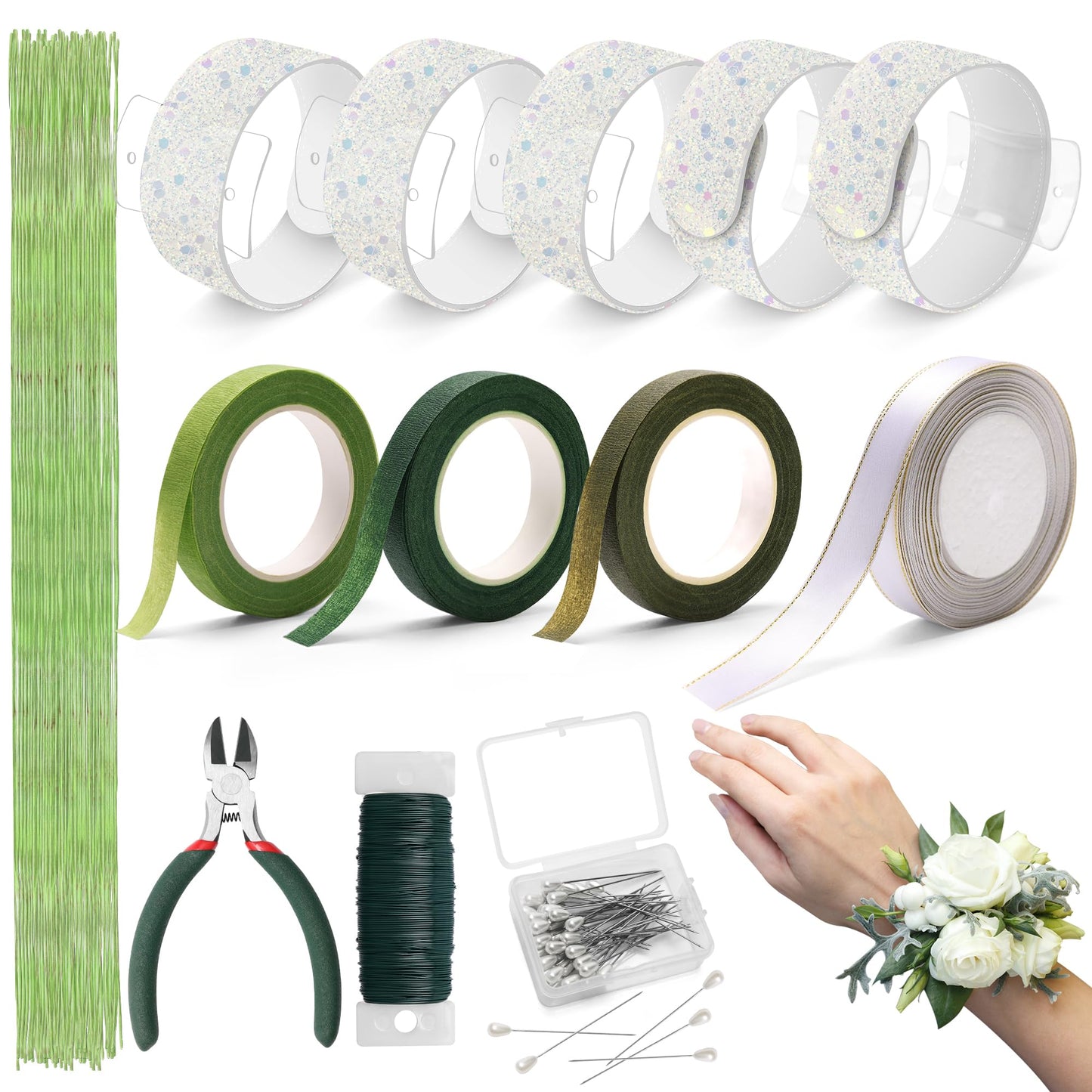 AHIER 161 PCS DIY Wrist Corsage Making Kit with 5P Wrist Corsage Bracelets, Floral Wire and Cutter, Floral Tape, Pin, Ribbon for Wedding Party Boutonniere Supplies