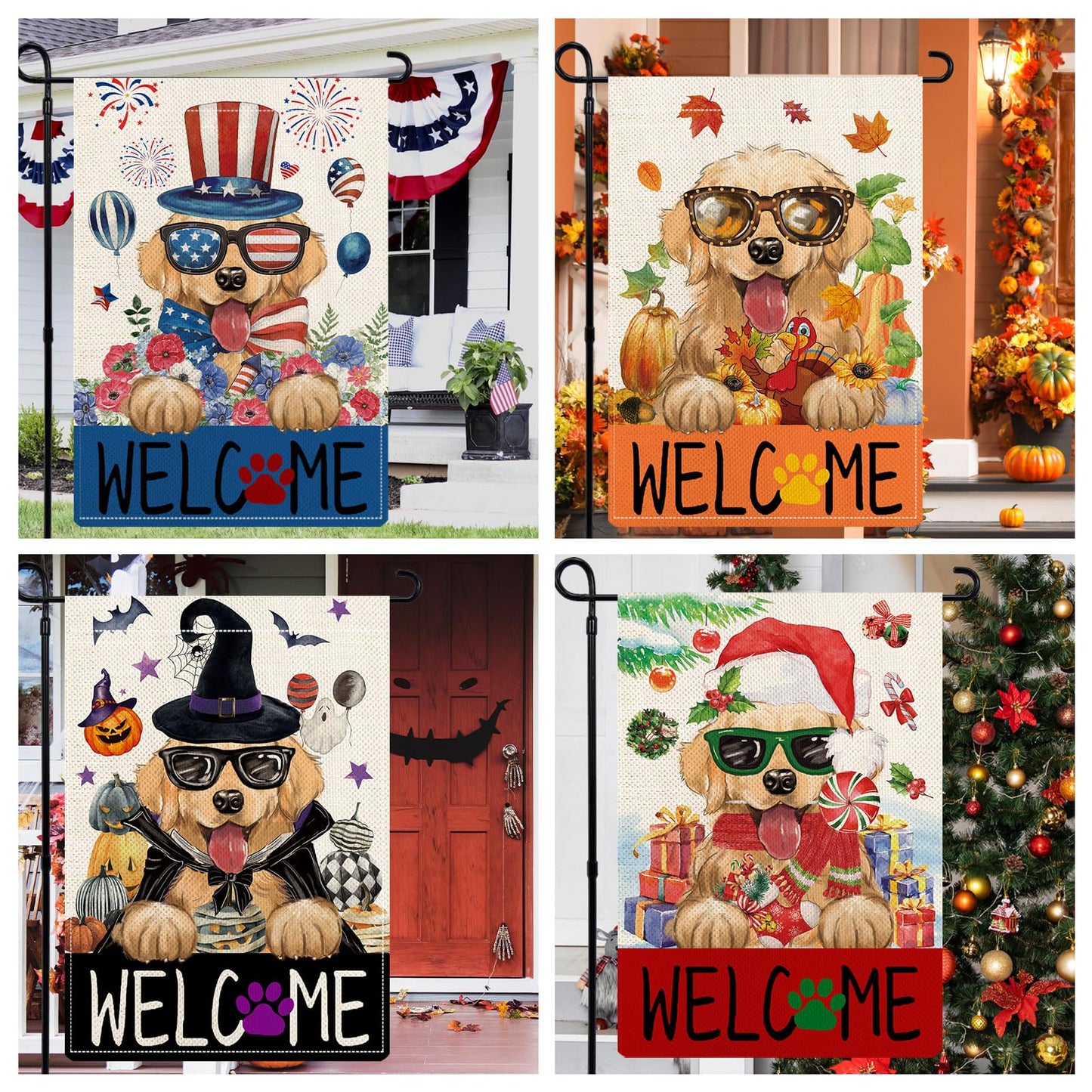 YOVOYOA Golden Retriever Garden Flags for Outside Set of 12, Puppy Dog Welcome Garden Flags 12x18 Double Sided for All Seasons and Holidays, Spring Easter Yard Lawn Flags for Farmhouse Outdoor Decor