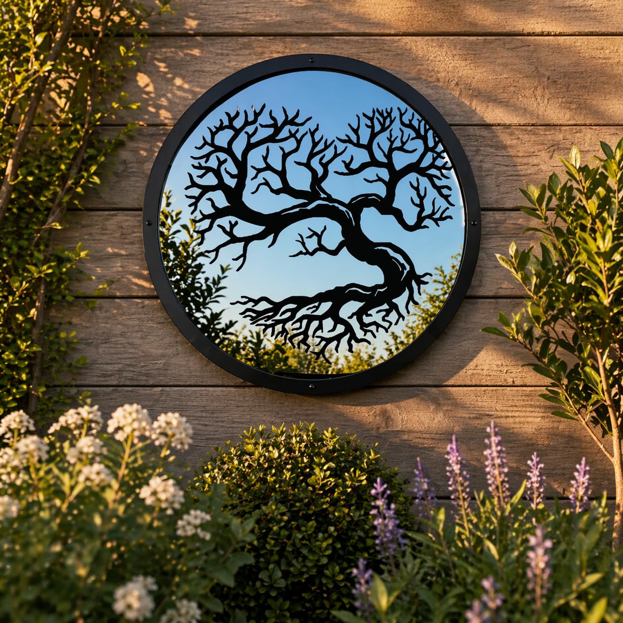 Sun Catcher Garden Decor Heart Shaped Garden Mirror Range of Sizes Round Framed Mirror Outside Rust Resistant Acrylic Fixings Included Gift (42cm / 16.5 inch)