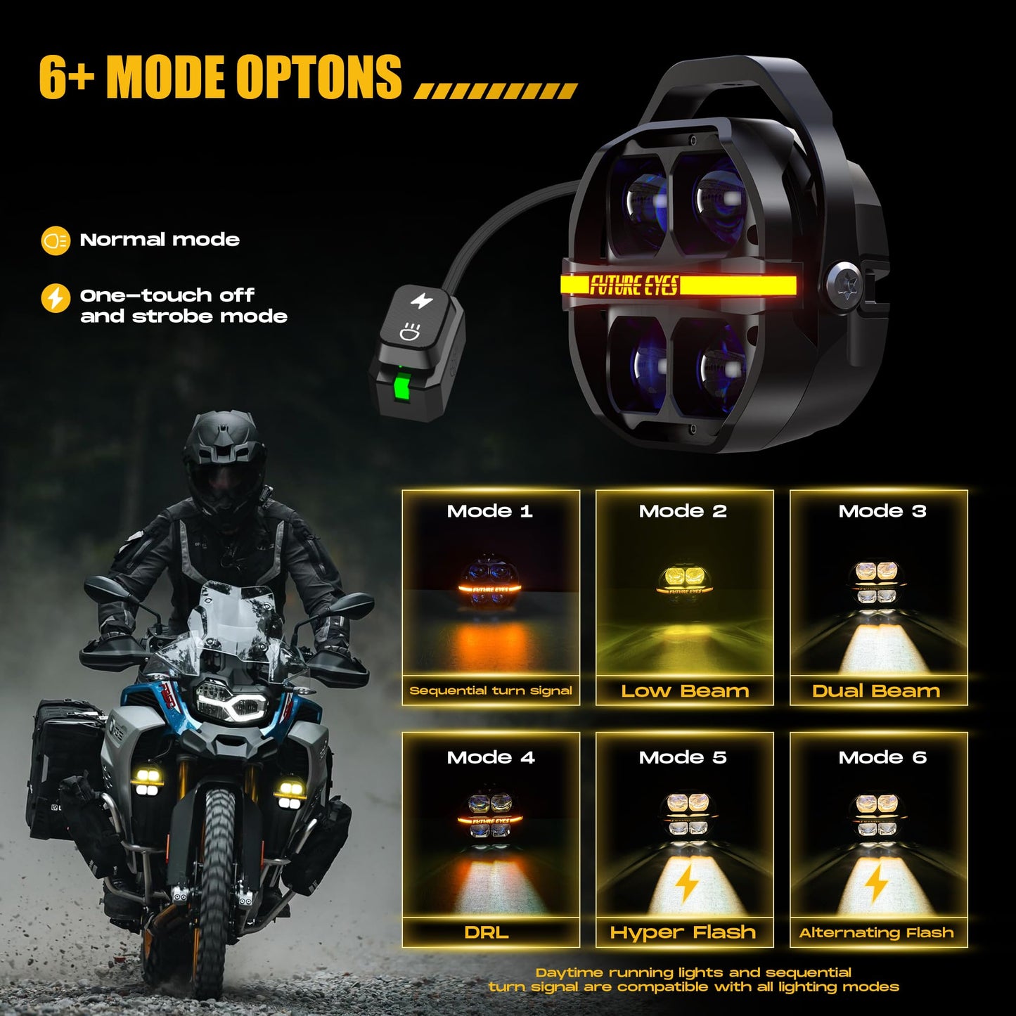 Future Eyes Motorcycle Driving Lights – 180W LED Fog Lights with Amber & White Beams, Waterproof Auxiliary Spotlights with DRL, Strobe, Signal, for Night Riding Off-Road UTV ATV