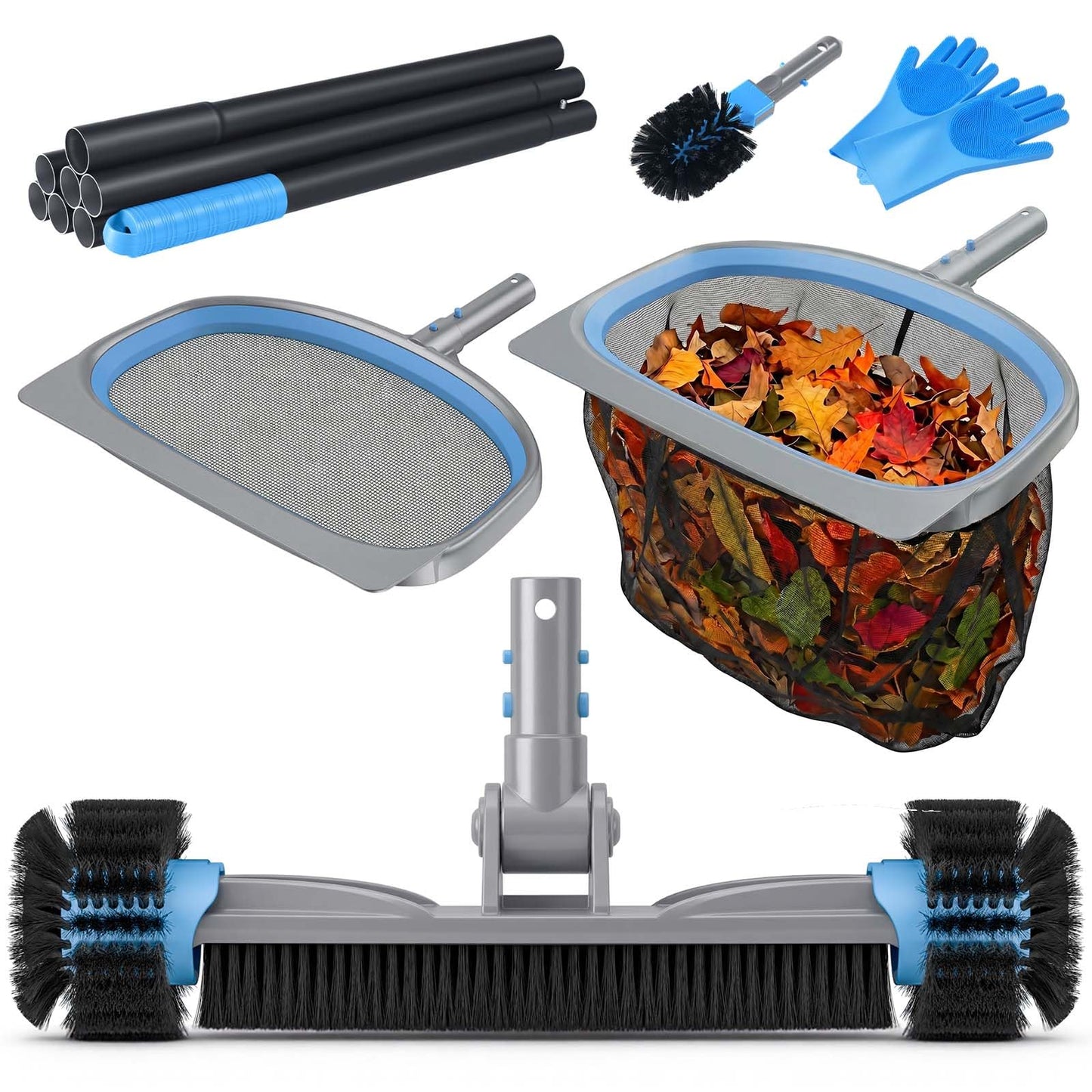UIRWAY 6-in-1 Deluxe Swimming Pool Cleaning Kit - Includes Detachable Pool Brush, Deep Leaf Skimmer & Fine Mesh Net, Small Brush, Gloves, Adjustable Aluminum Pole Inground & Above Ground Cleaning